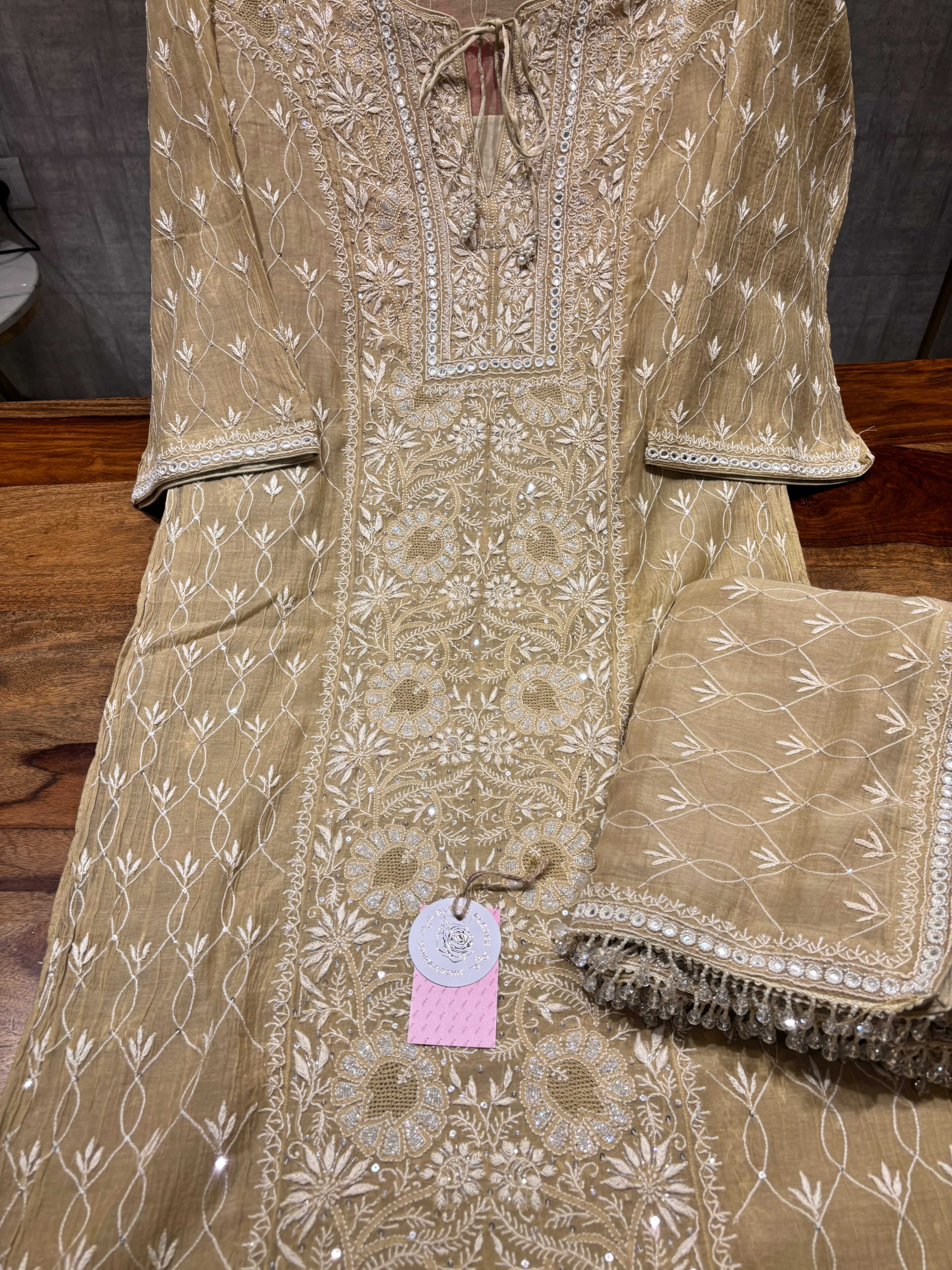 Mustard Gold Chanderi Mul Chikankari kurta and Dupatta Set