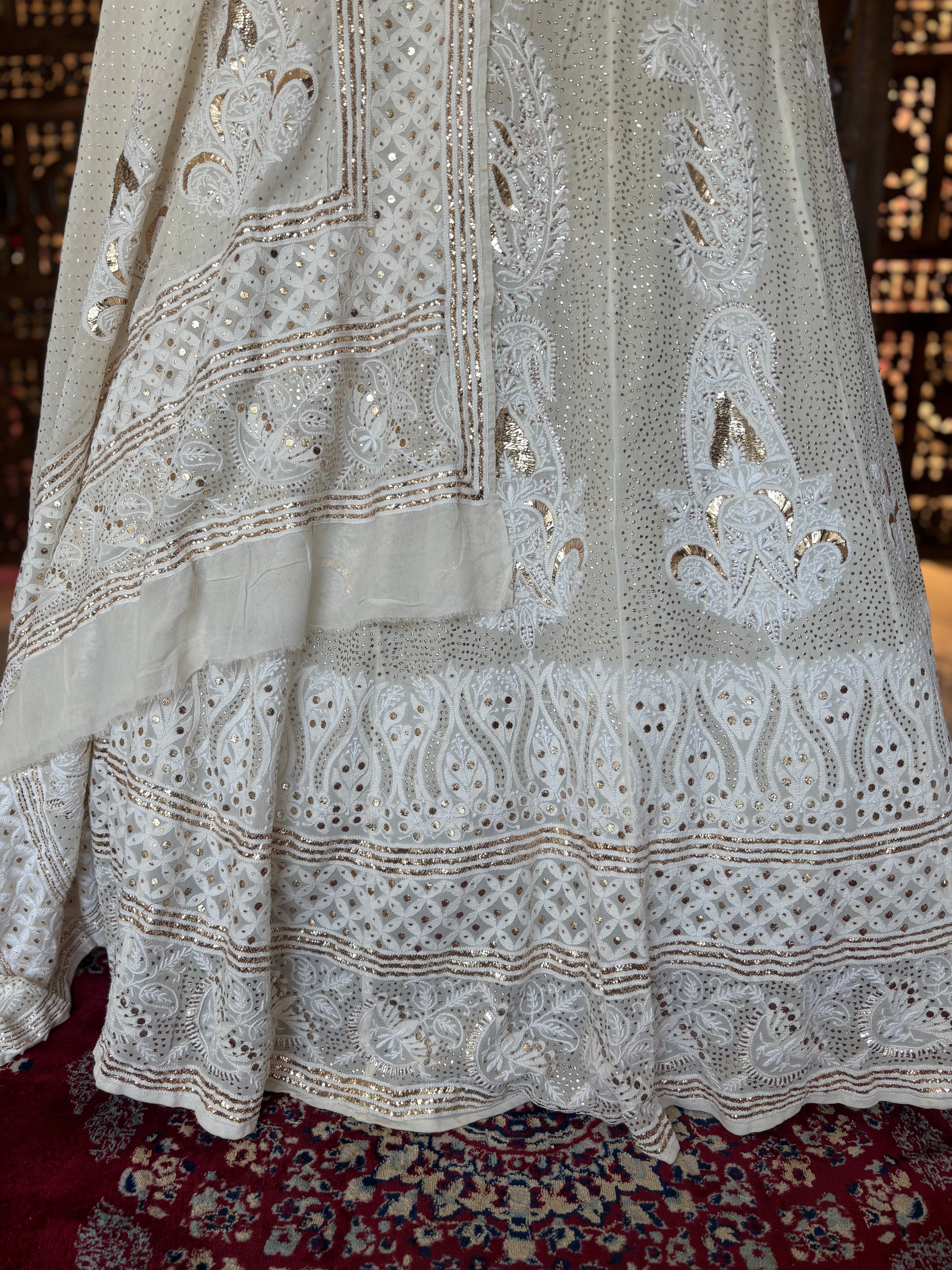 White Dyeable Pure & Premium Georgette Mukaish Chikankari Lehenga - Pleats PleaseChikankari