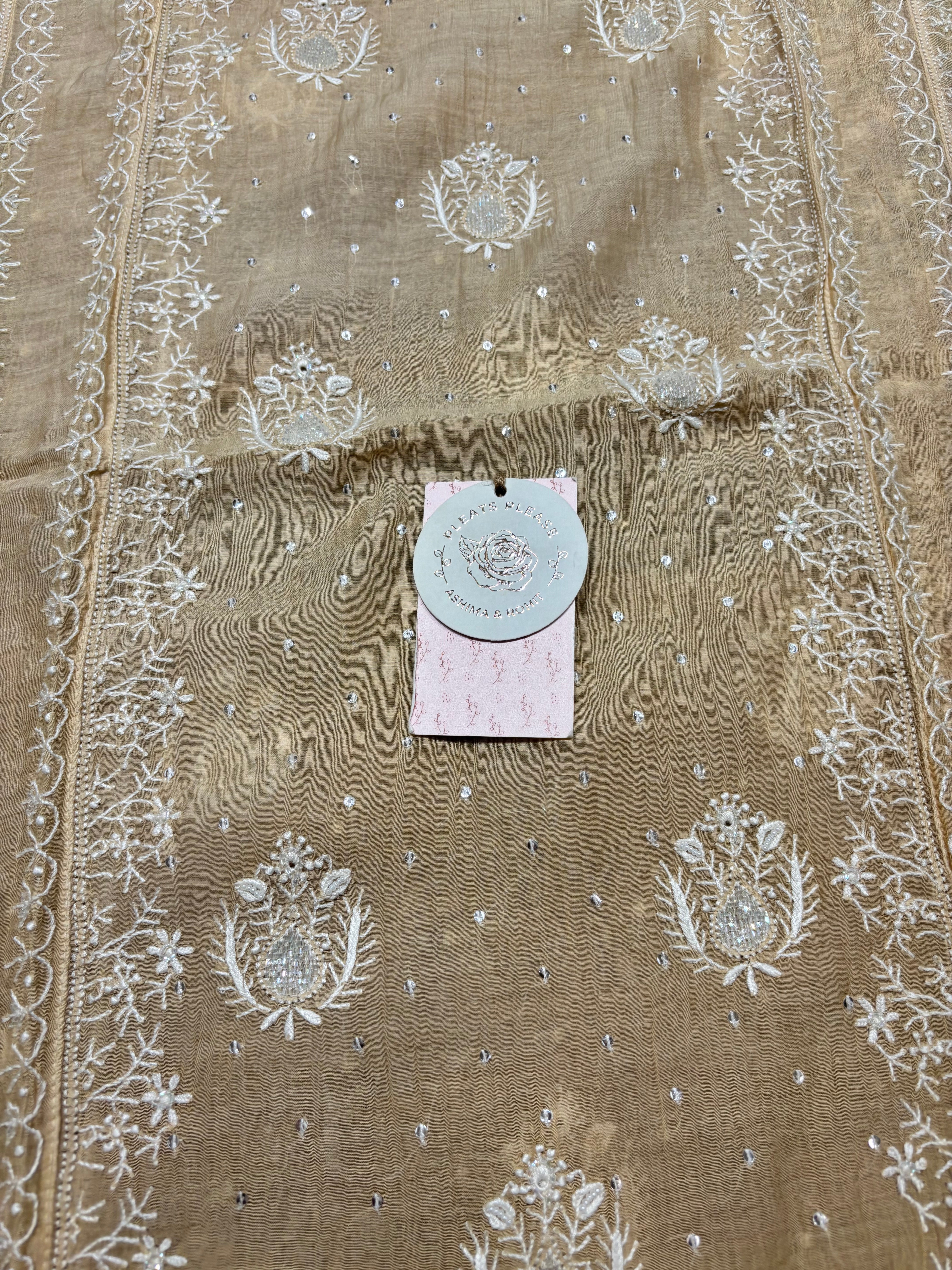 Coffee cream Chanderi Mul Chikankari kurta and Dupatta set