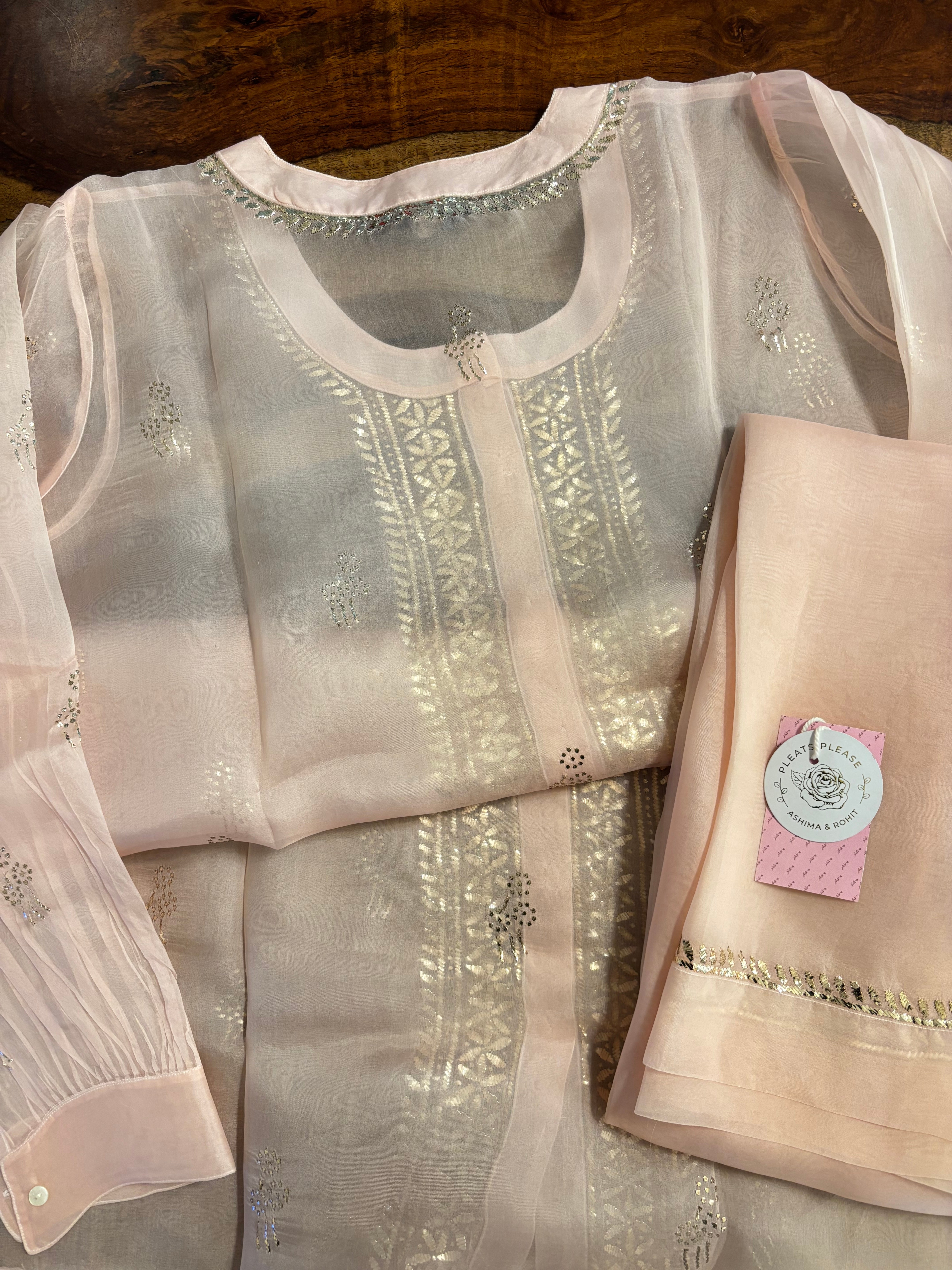 Pastel Pink Pure Organza Mukaish Co-Ord Set - Pleats PleaseChikankari