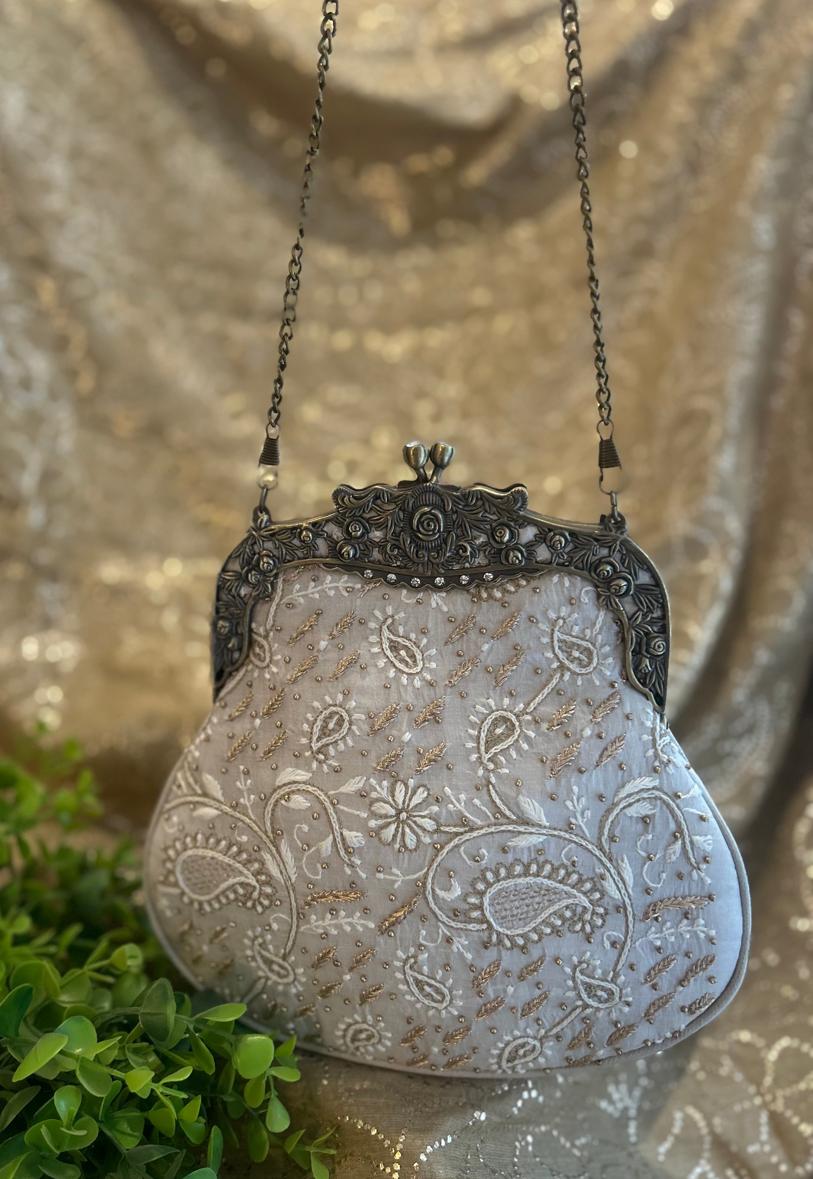 Bottle Grey Chikankari Clutch Bag