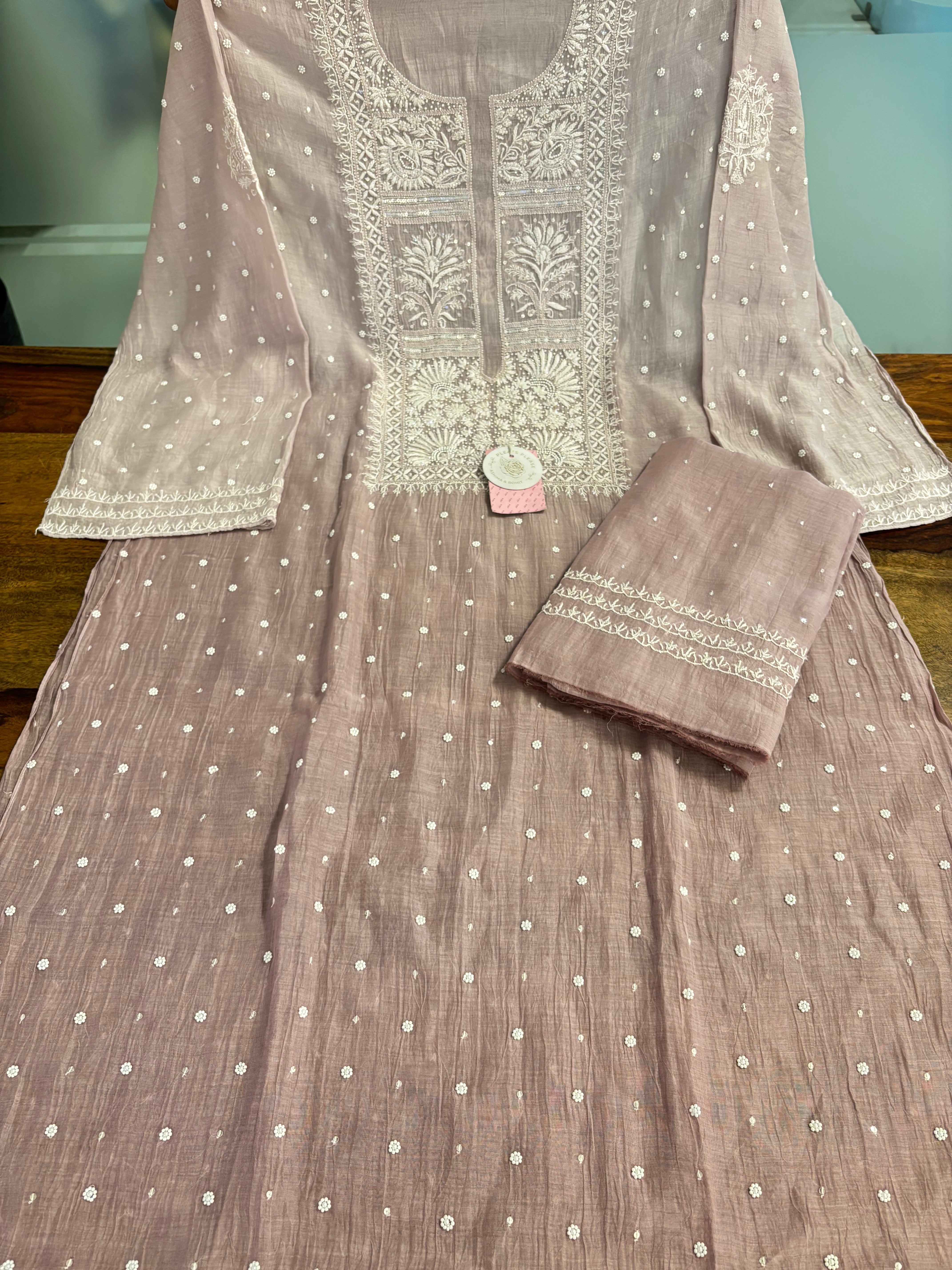 Muted Mauve Pure Chanderi Ombre Chikankari Kurta & Dupatta