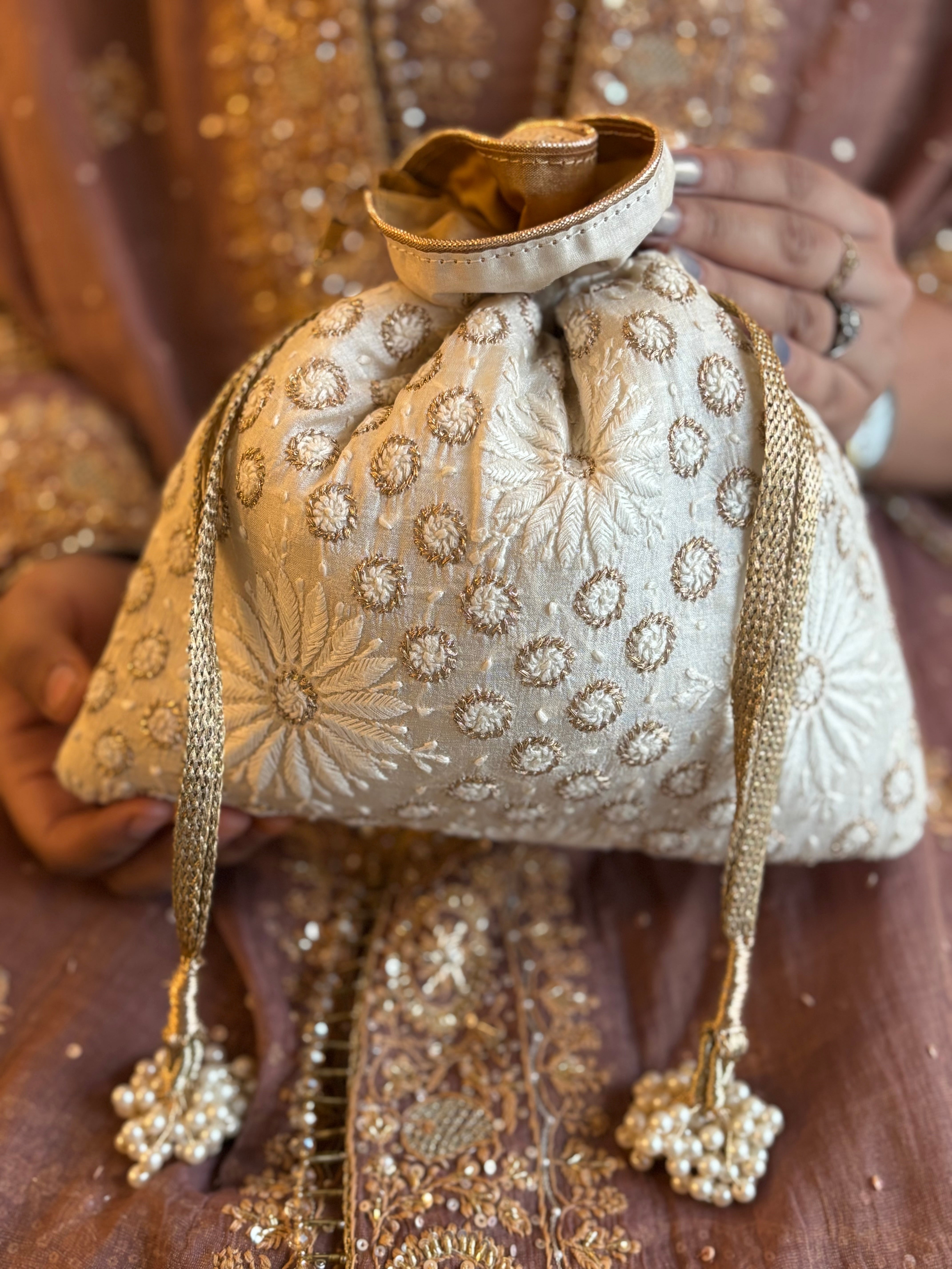 Ivory Chikankari Potli