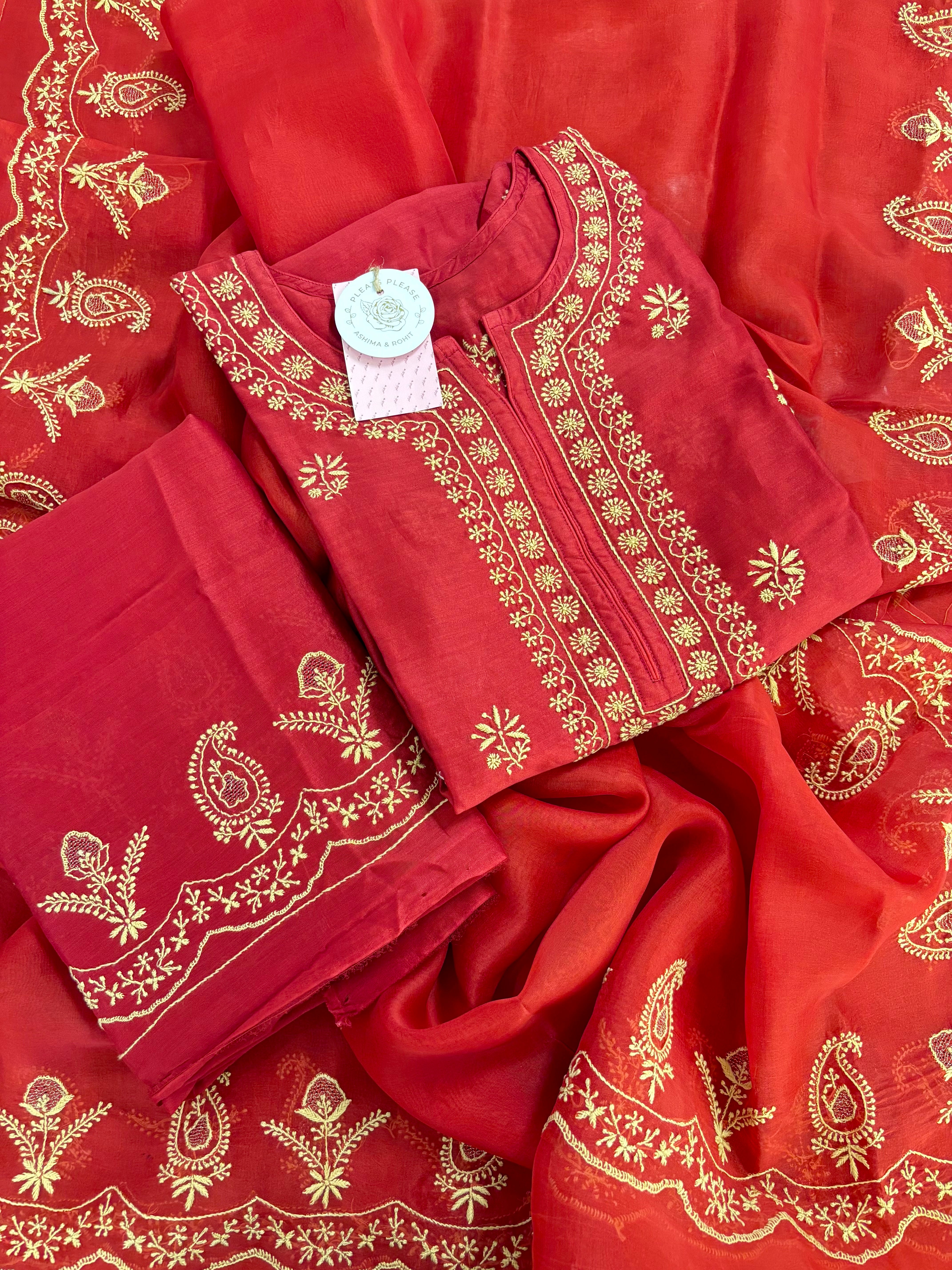 Crimson Red Chanderi Silk Chikankari Kurta,Bottom With Organza Dupatta