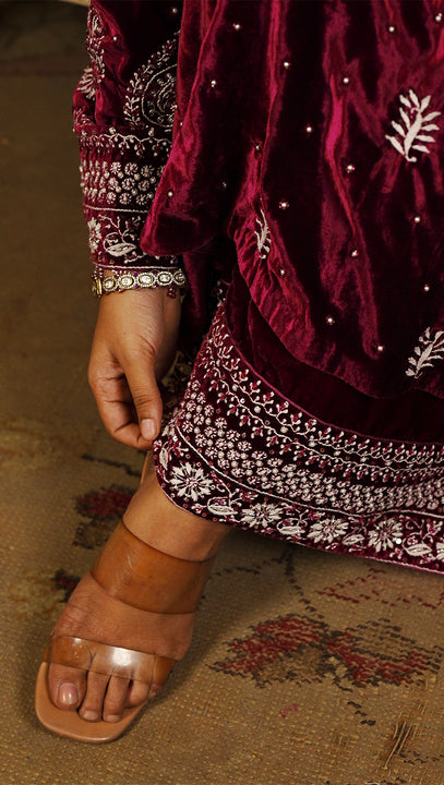 Wine Pure & Premium Velvet Chikankari Kurta Set