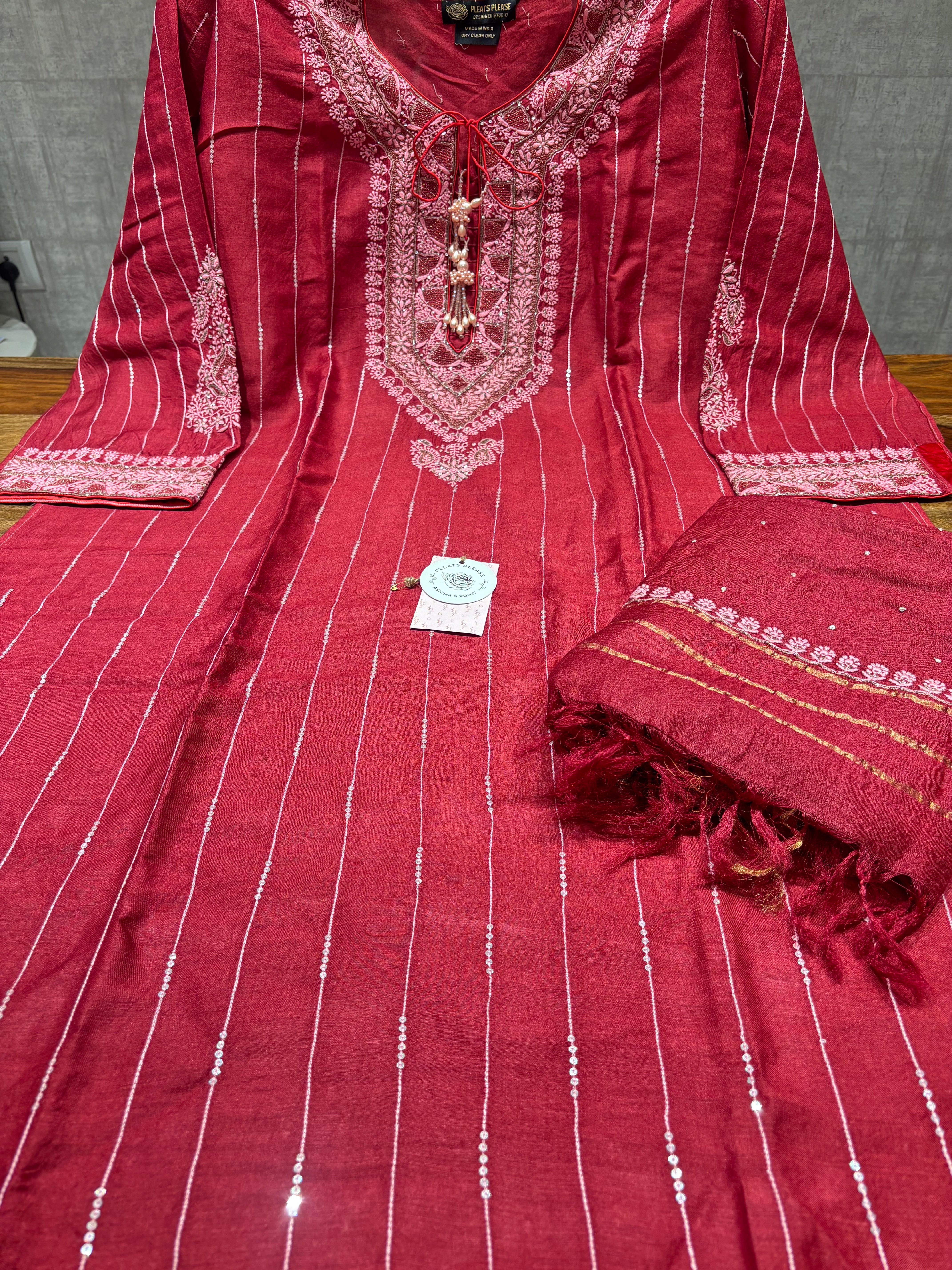 Red Monga Silk Chikankari Kurta & Dupatta Set