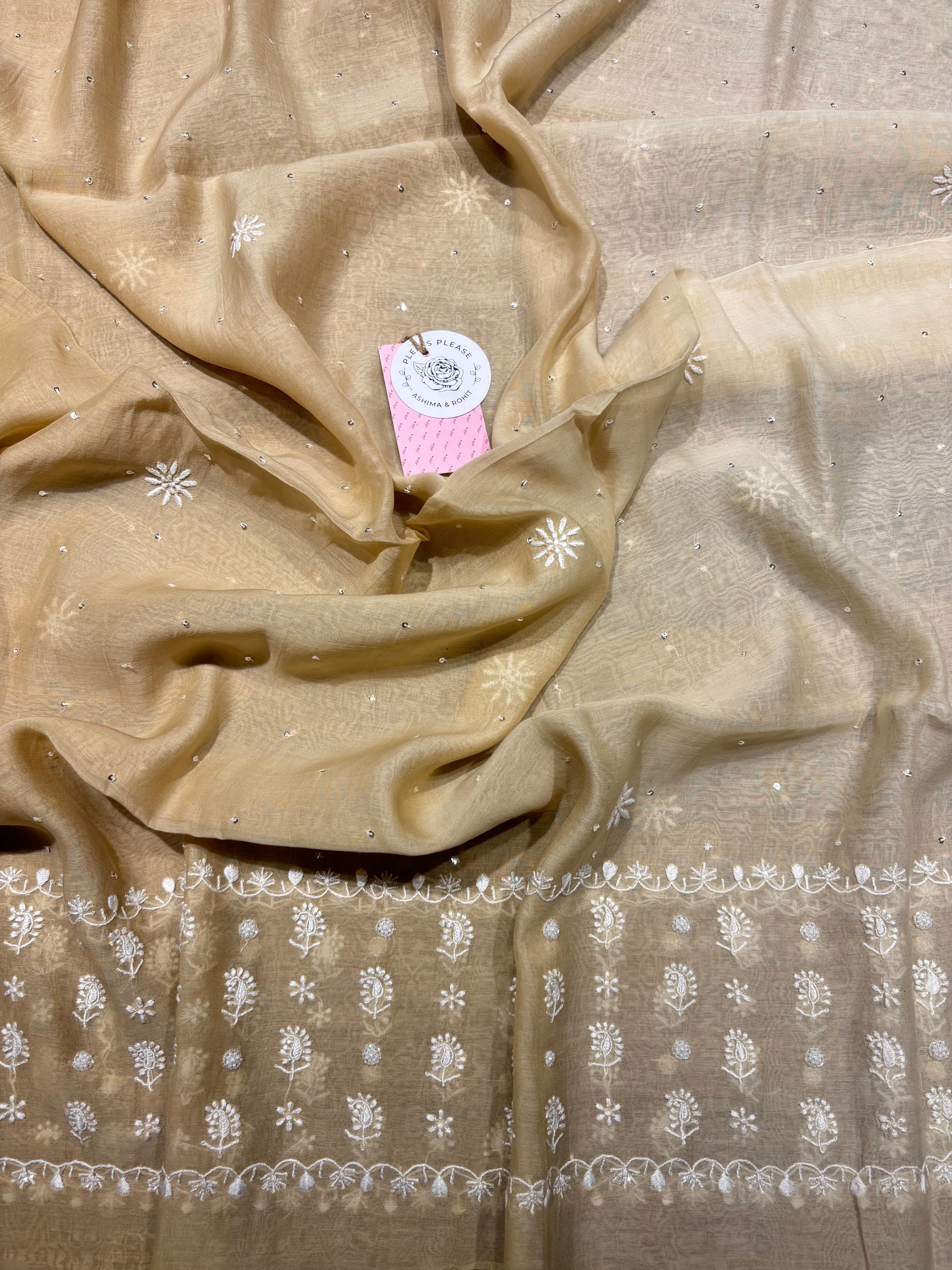 Coffee Cream Chanderi Mul Chikankari Anarkali and Dupatta Set