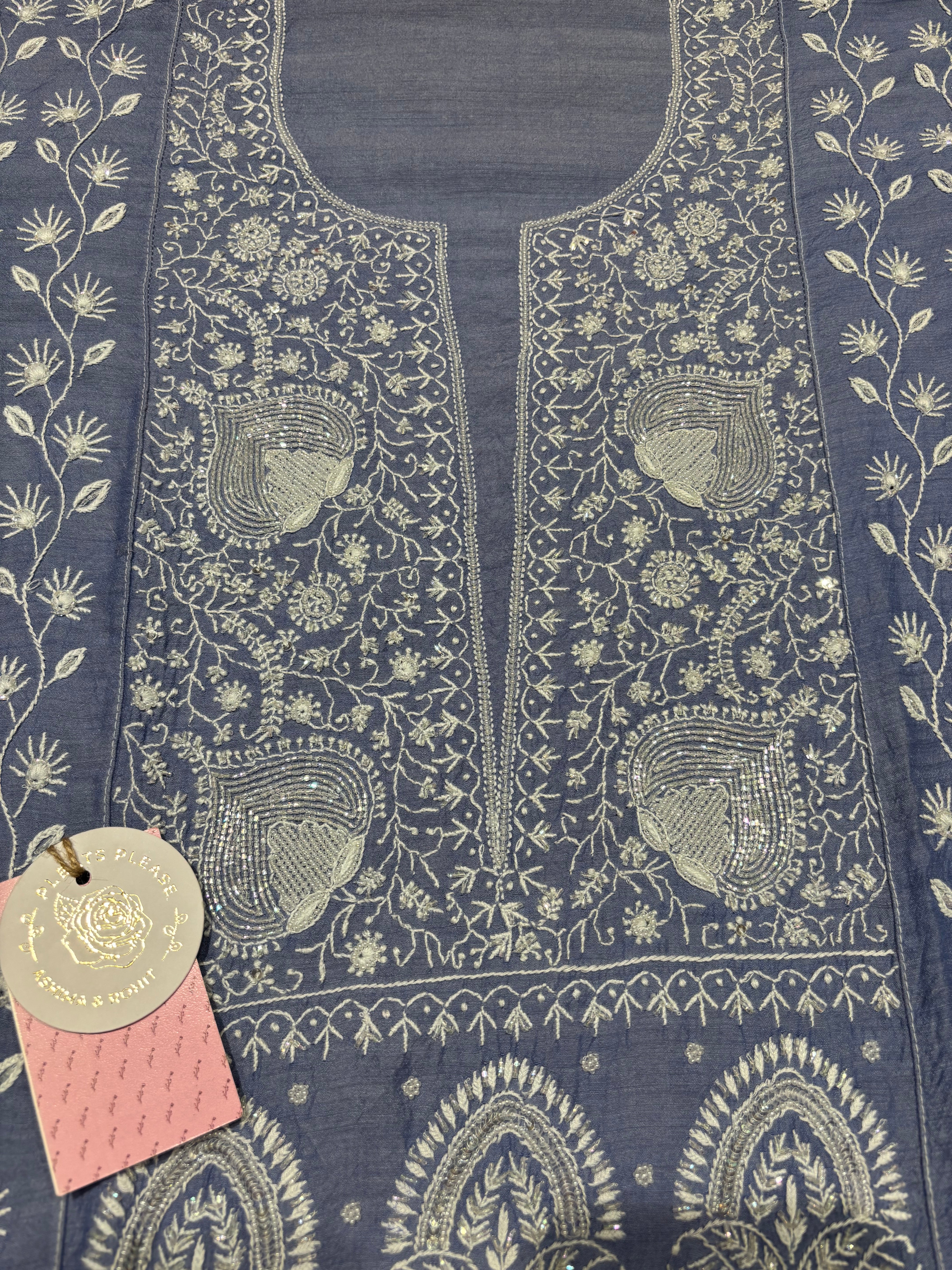 Blue pure Monga Silk Chikankari Kurta and Dupatta Set