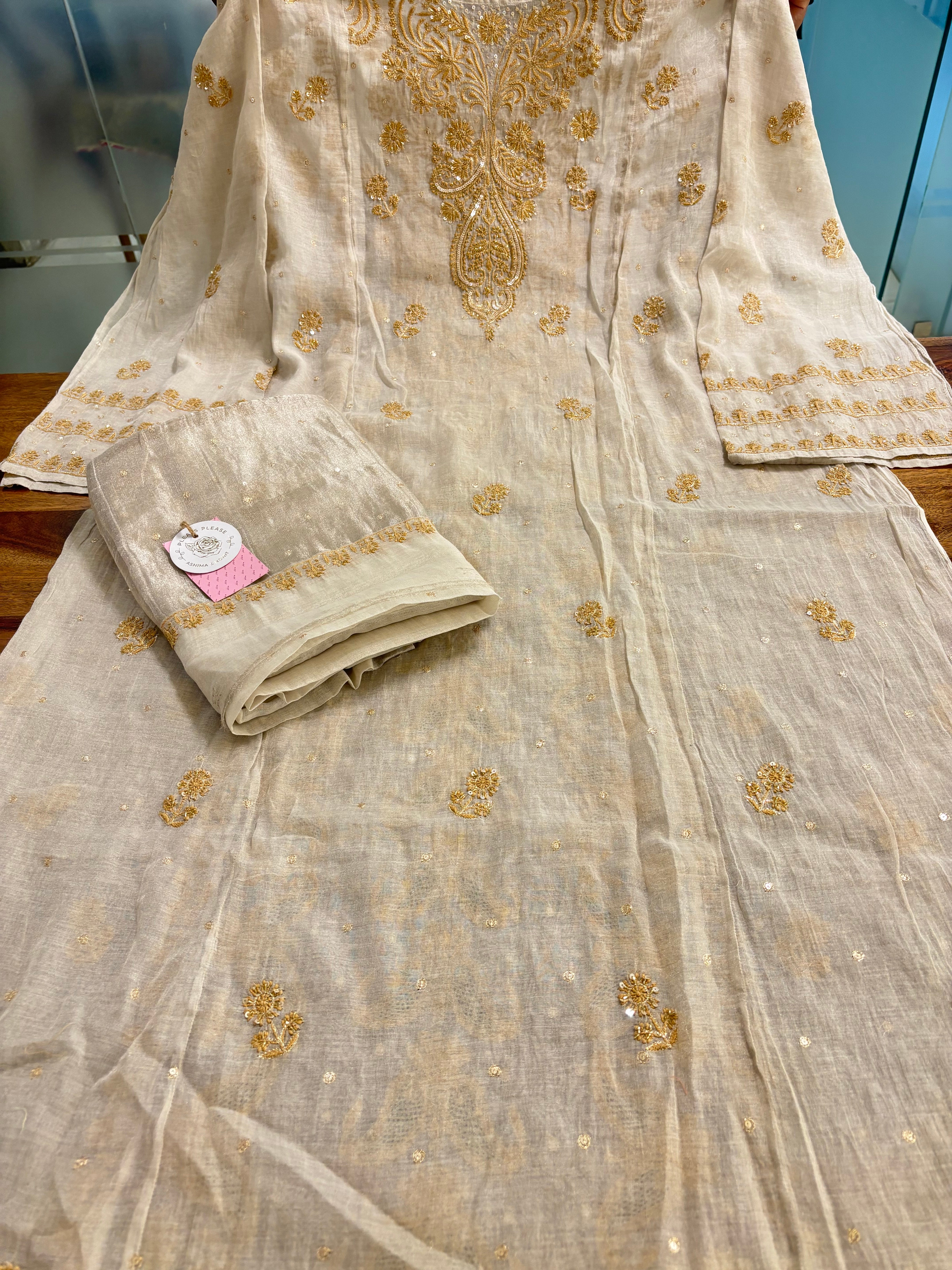Dyeable Ivory Silver Pure & Premium Tissue Chikankari Kurta & Dupatta