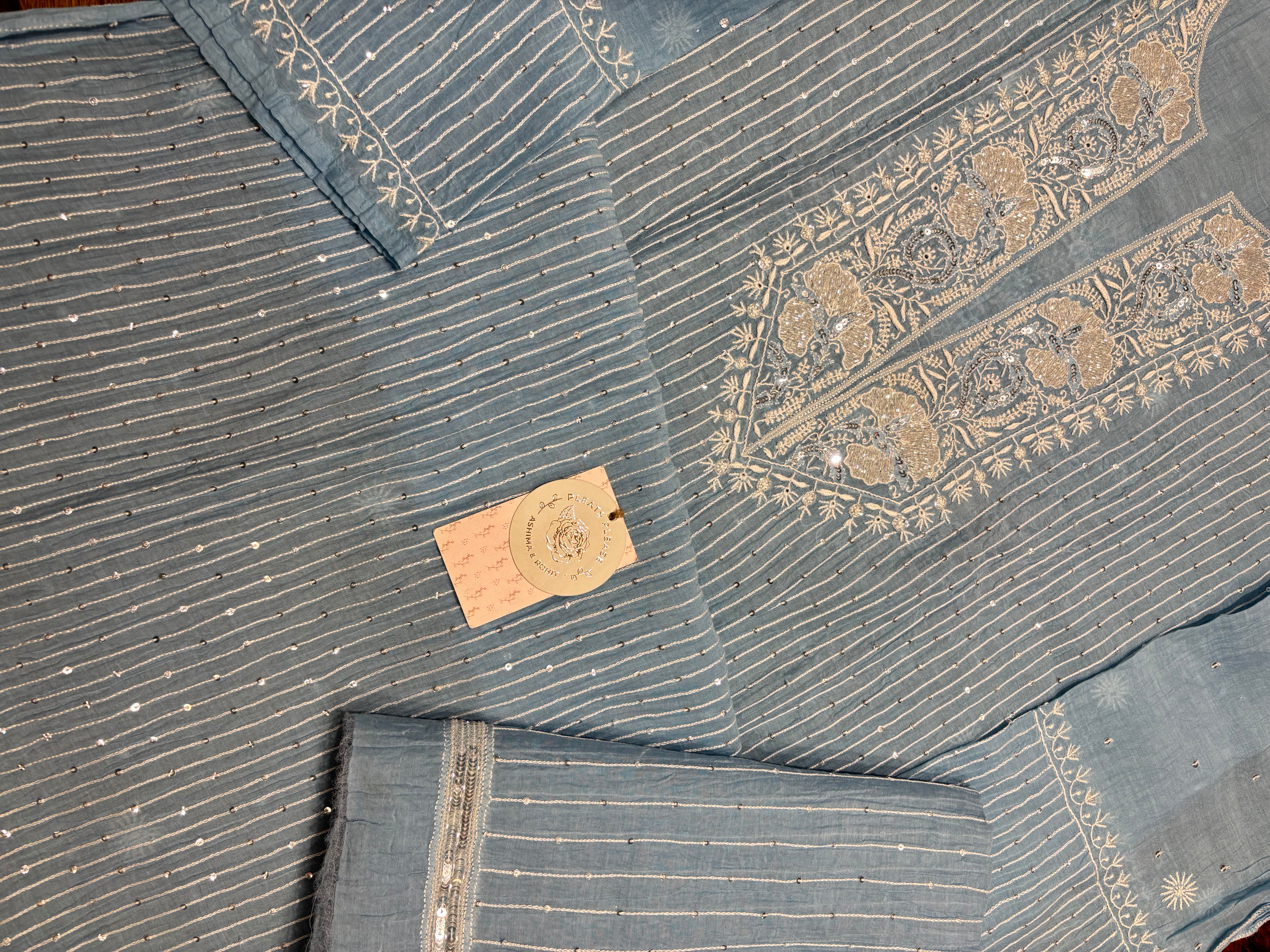 Powder Blue chanderi Mul Chikankari Kurta and Dupatta Set