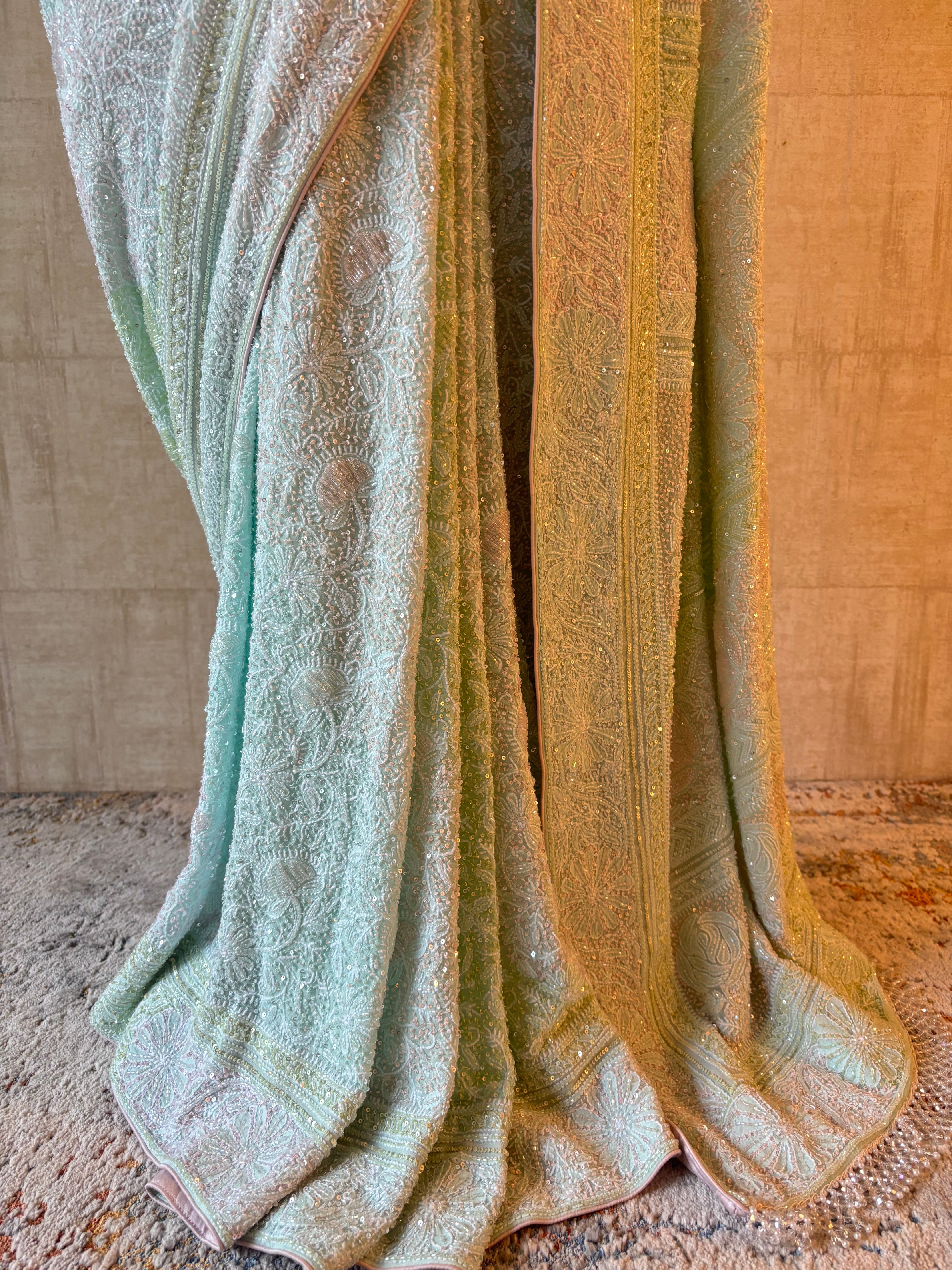 Aqua Blue Pure & Premium Georgette Chikankari Saree & Blouse