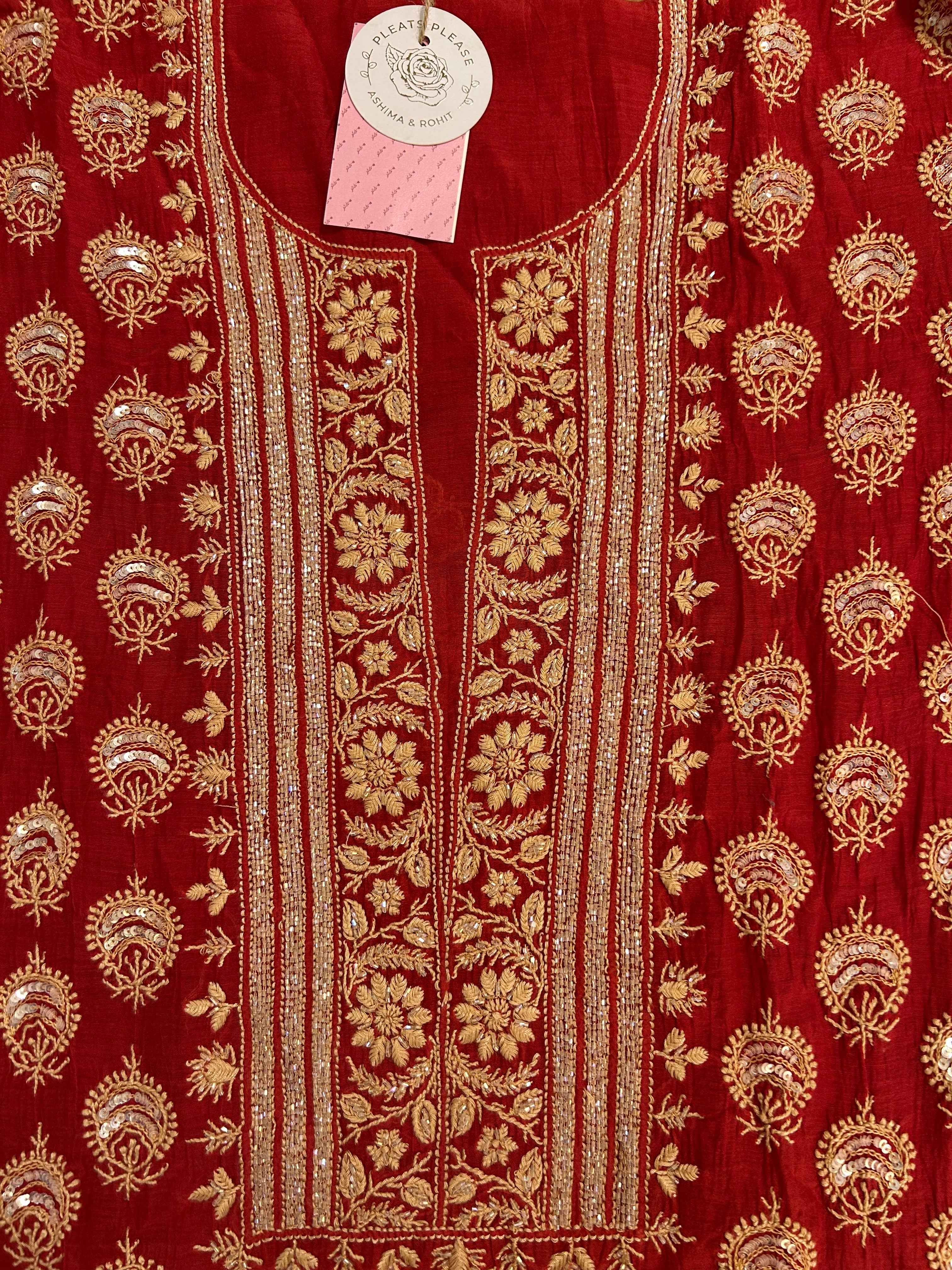 Red Chanderi Mul Chikankari Kurta & Dupatta