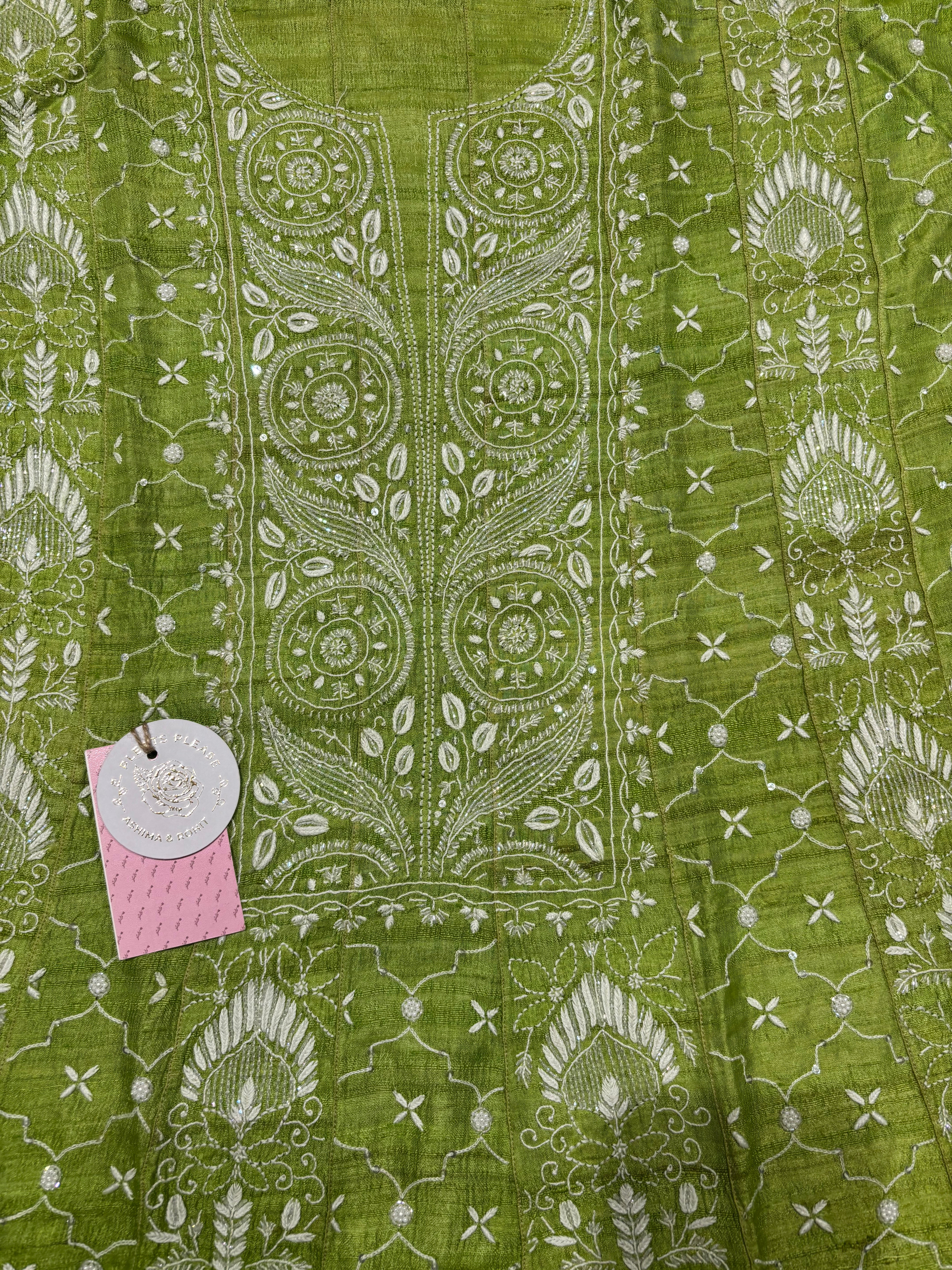 Green Tussar Silk Chikankari Anarkali and Dupatta Set