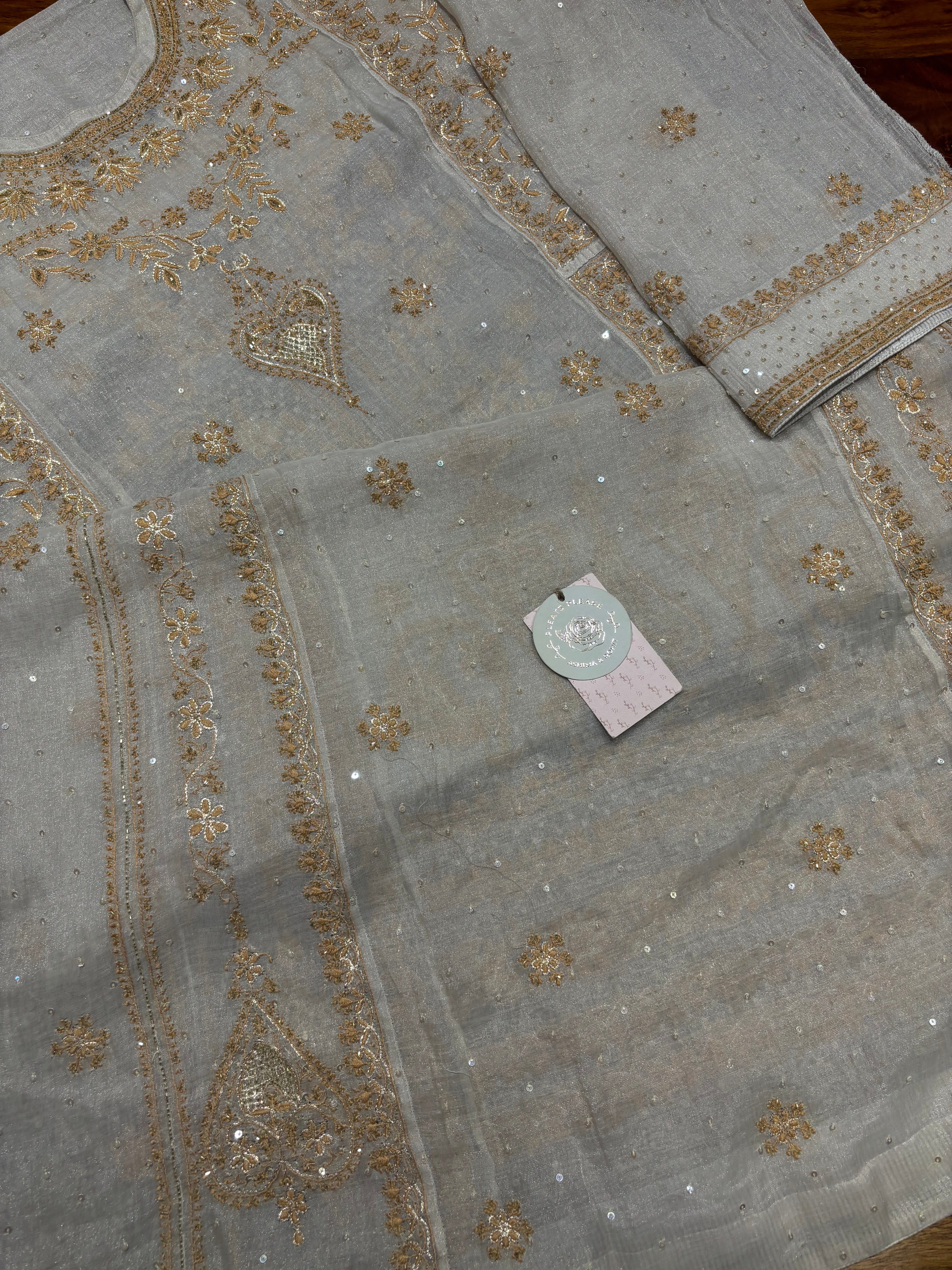 Dyeable Pure & Premium Silver Tissue Chikankari A- Line Anarkali & Dupatta Set