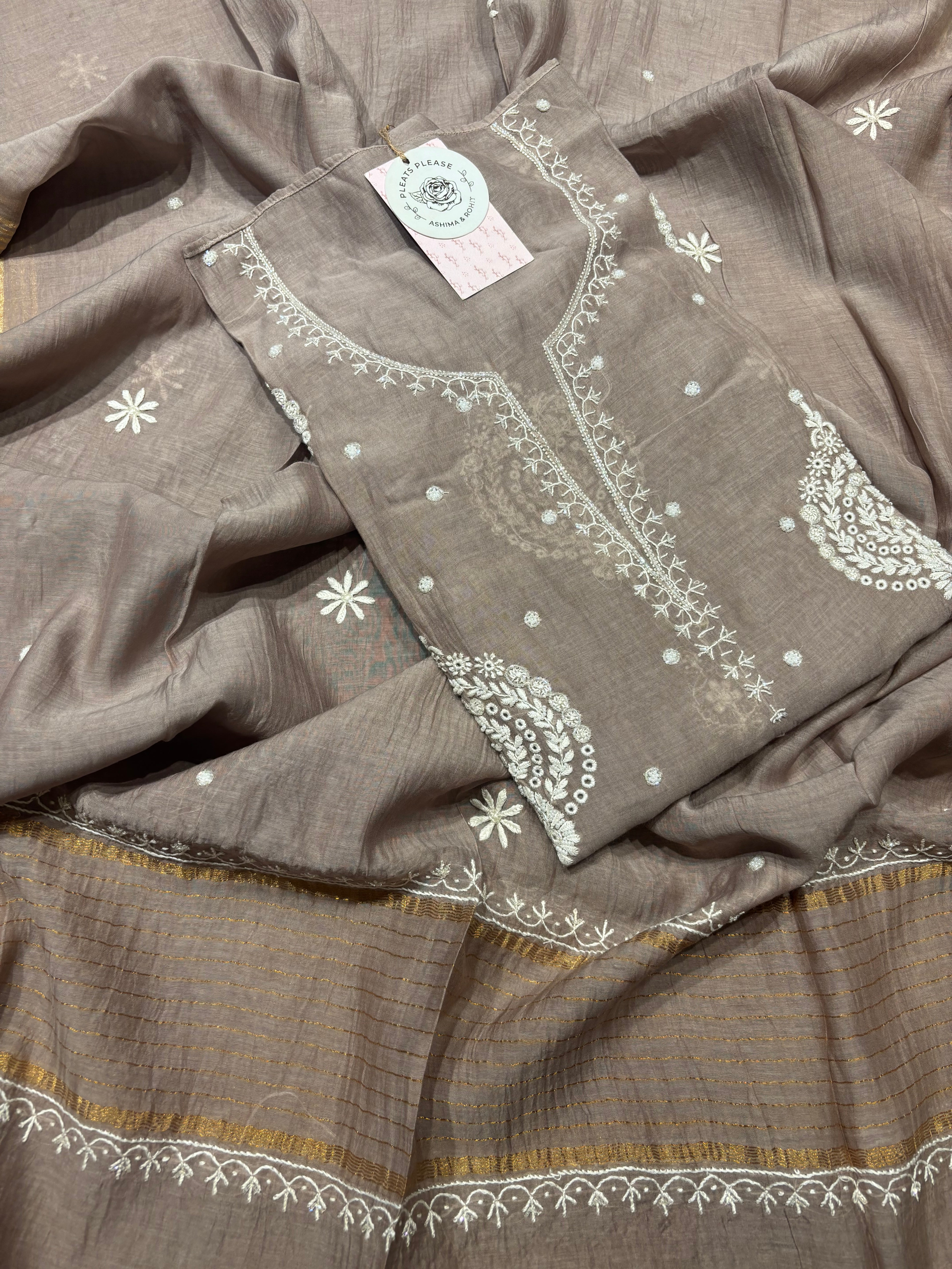 Brown Chanderi Mul Chikankari Kurta and Dupatta