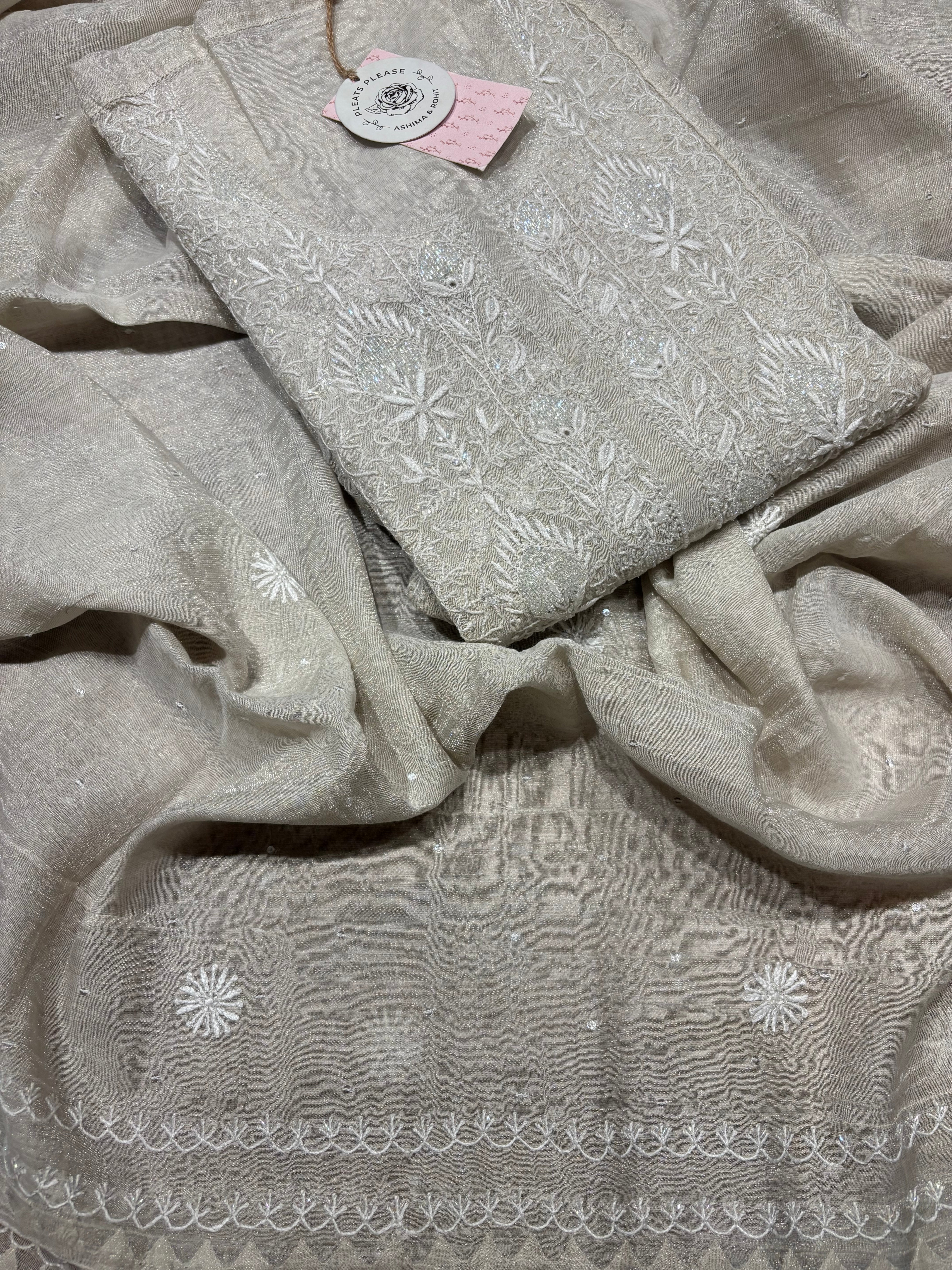 Dyeable Silver Tissue Chikankari Kalidar Kurta and Dupatta set