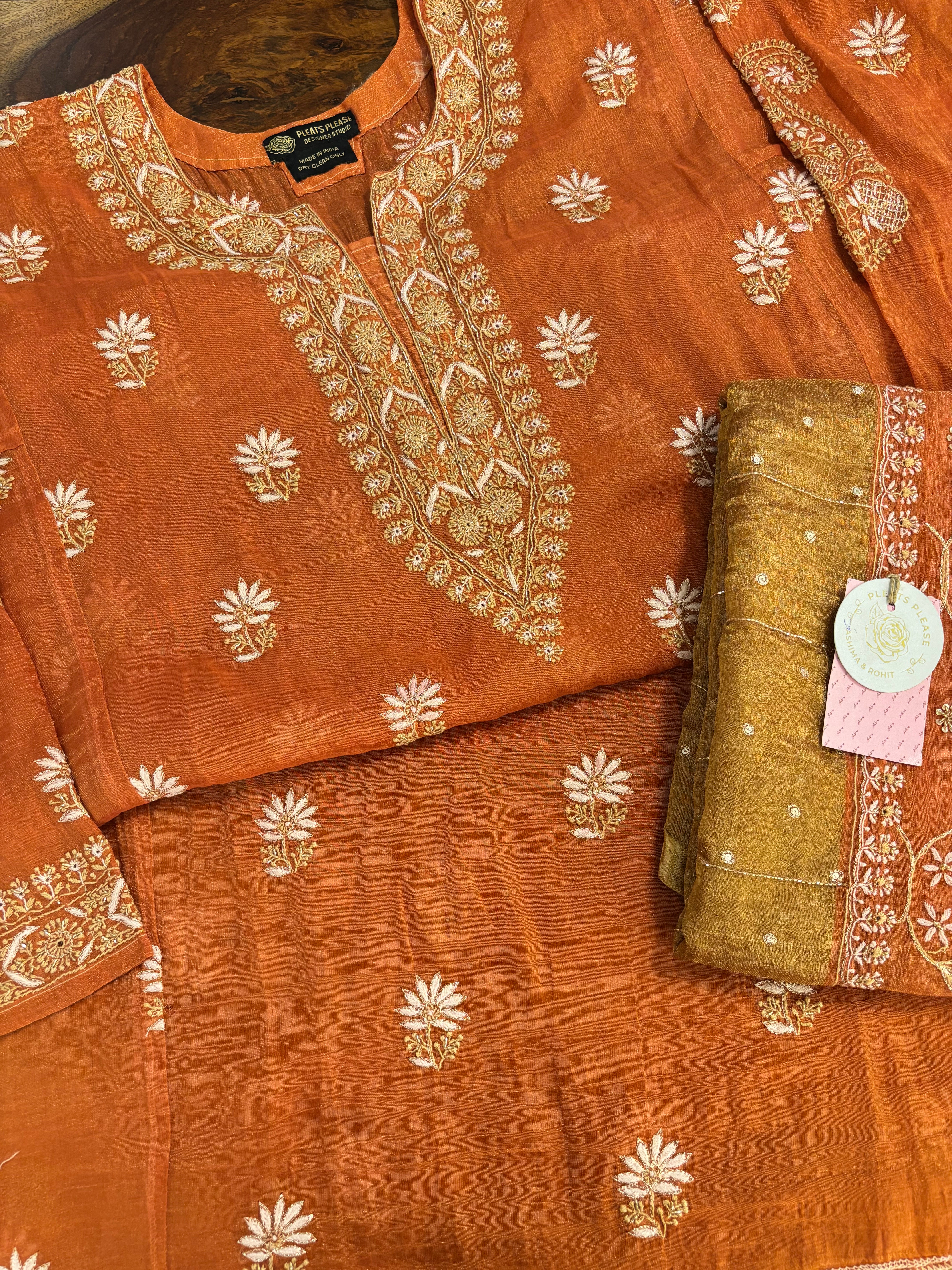 Burnt Orange Pure & Premium Tissue Chikankari A-Line Kurta & Dupatta