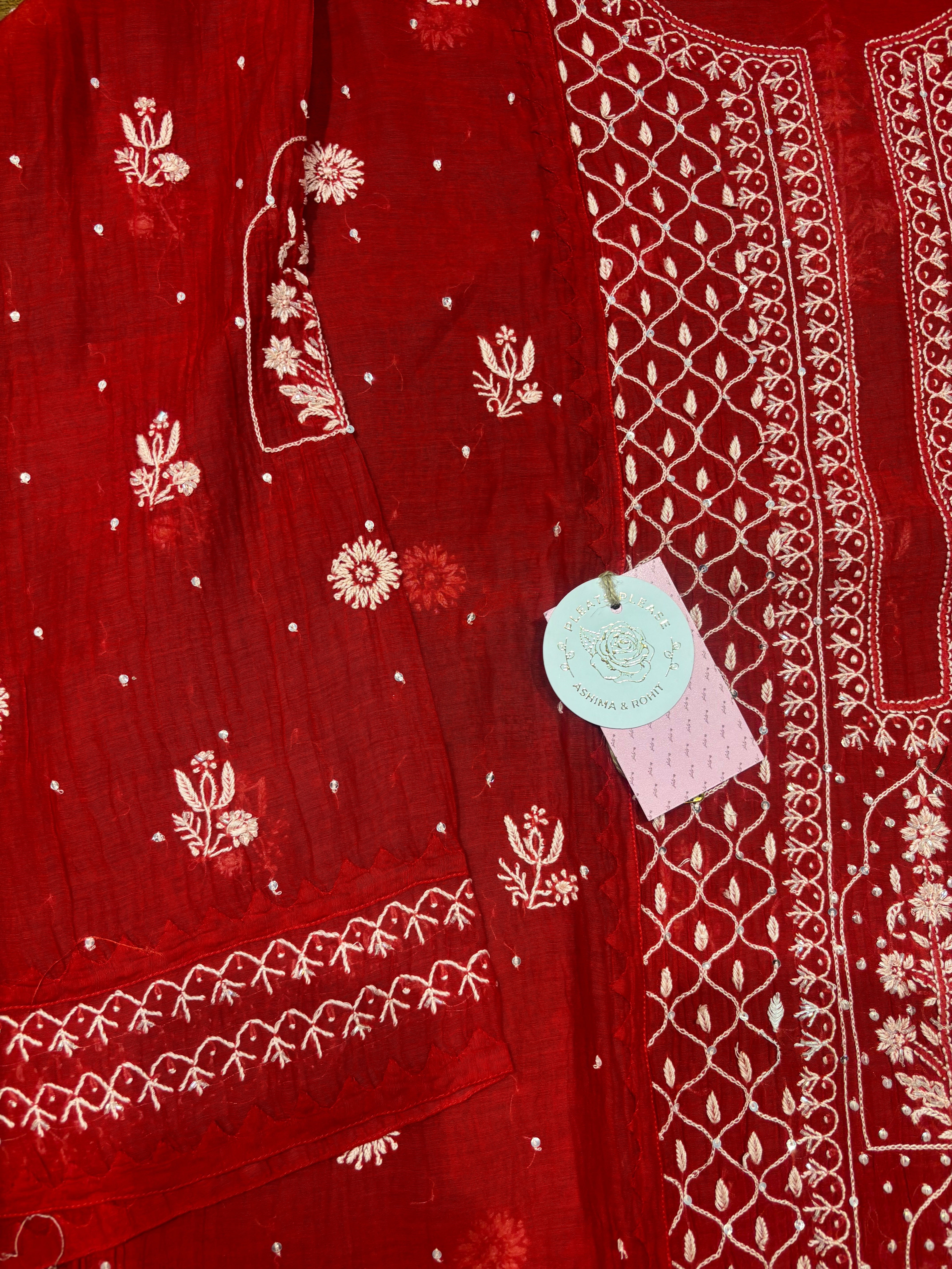 Red Chanderi Mul Chikankari Kurta and Dupatta Set