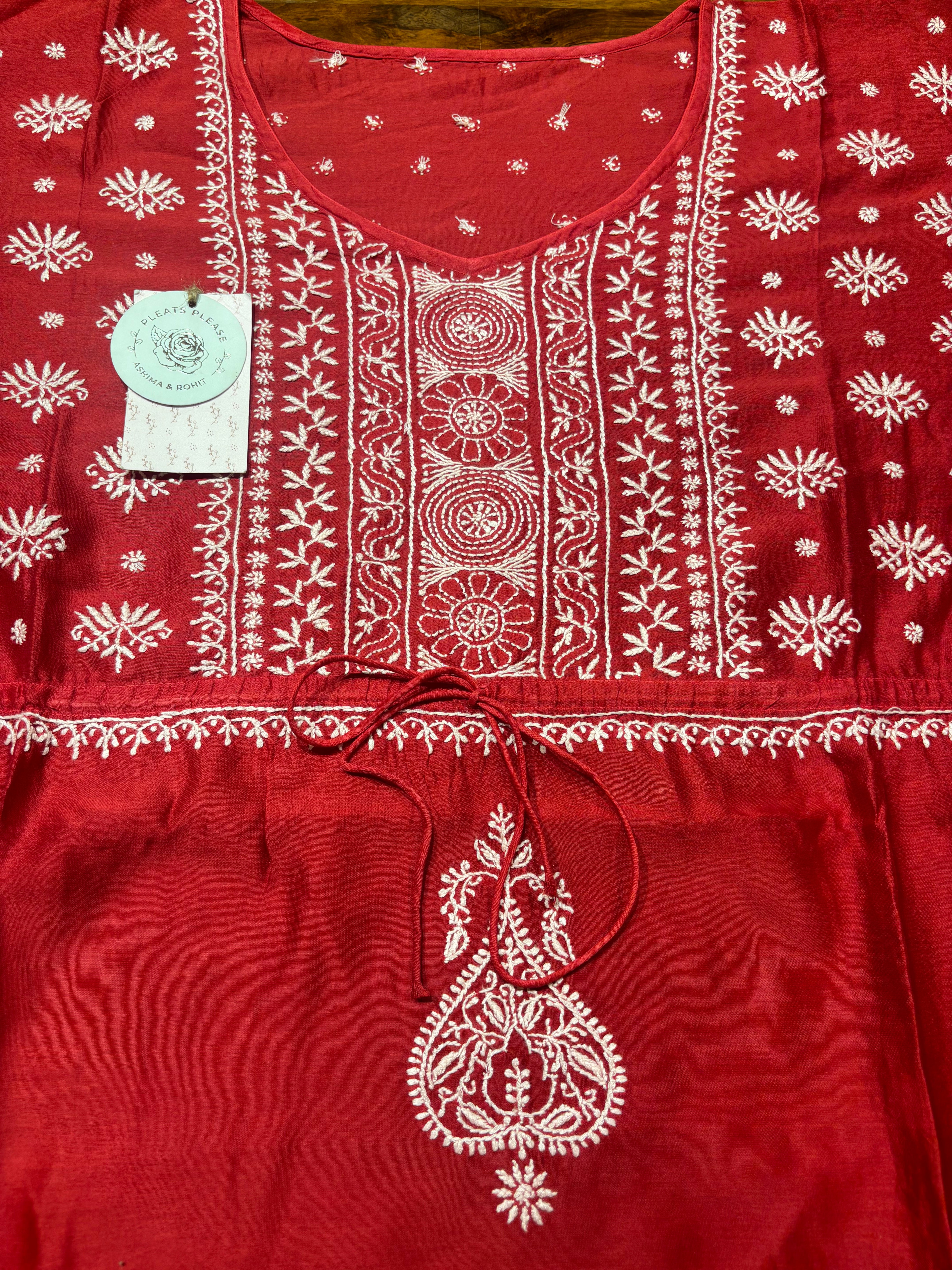 Red Chanderi Silk Chikankari Kaftan