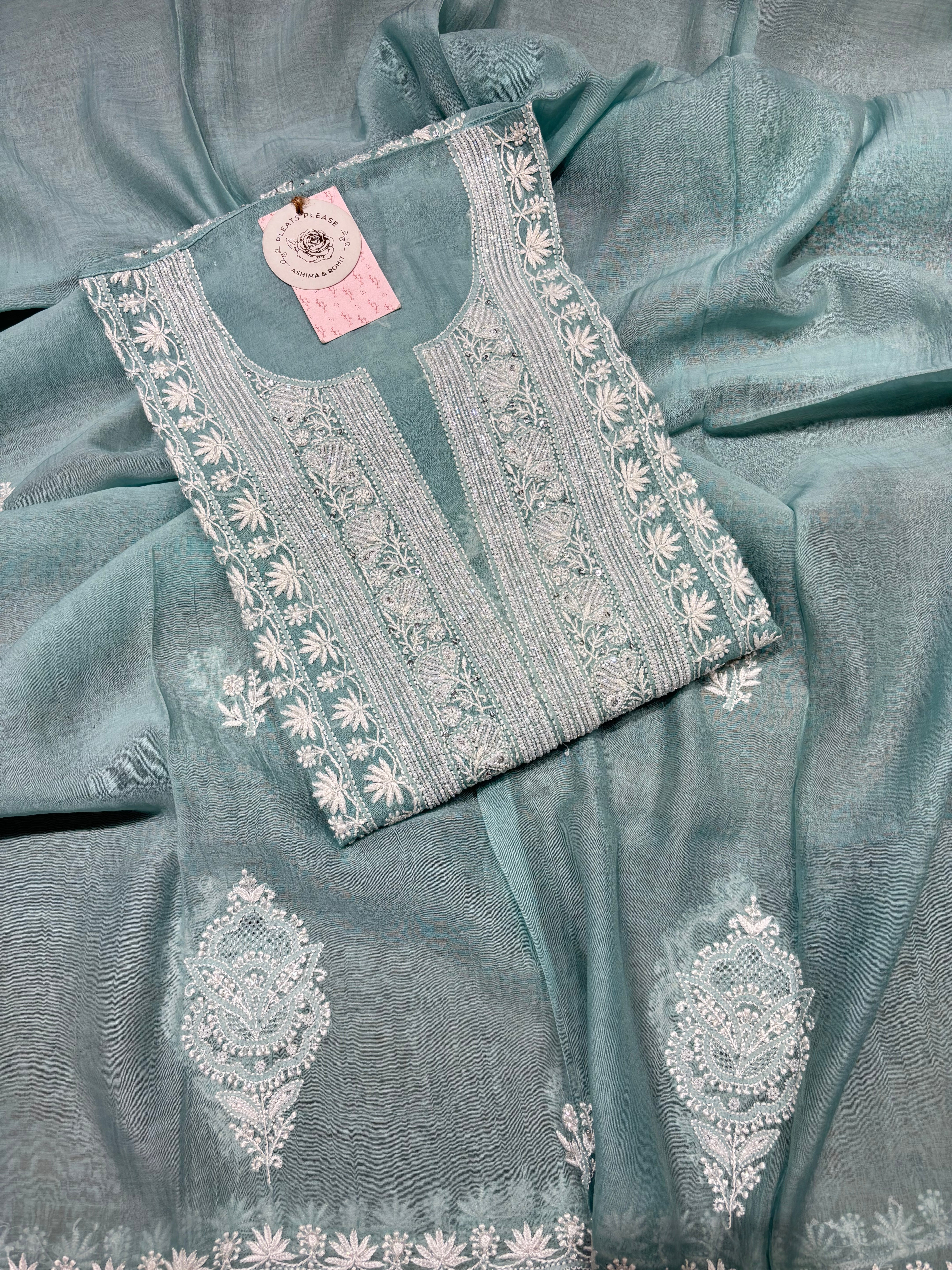 Sea Foam Chanderi Mul Chikankari Kurta & Dupatta Set