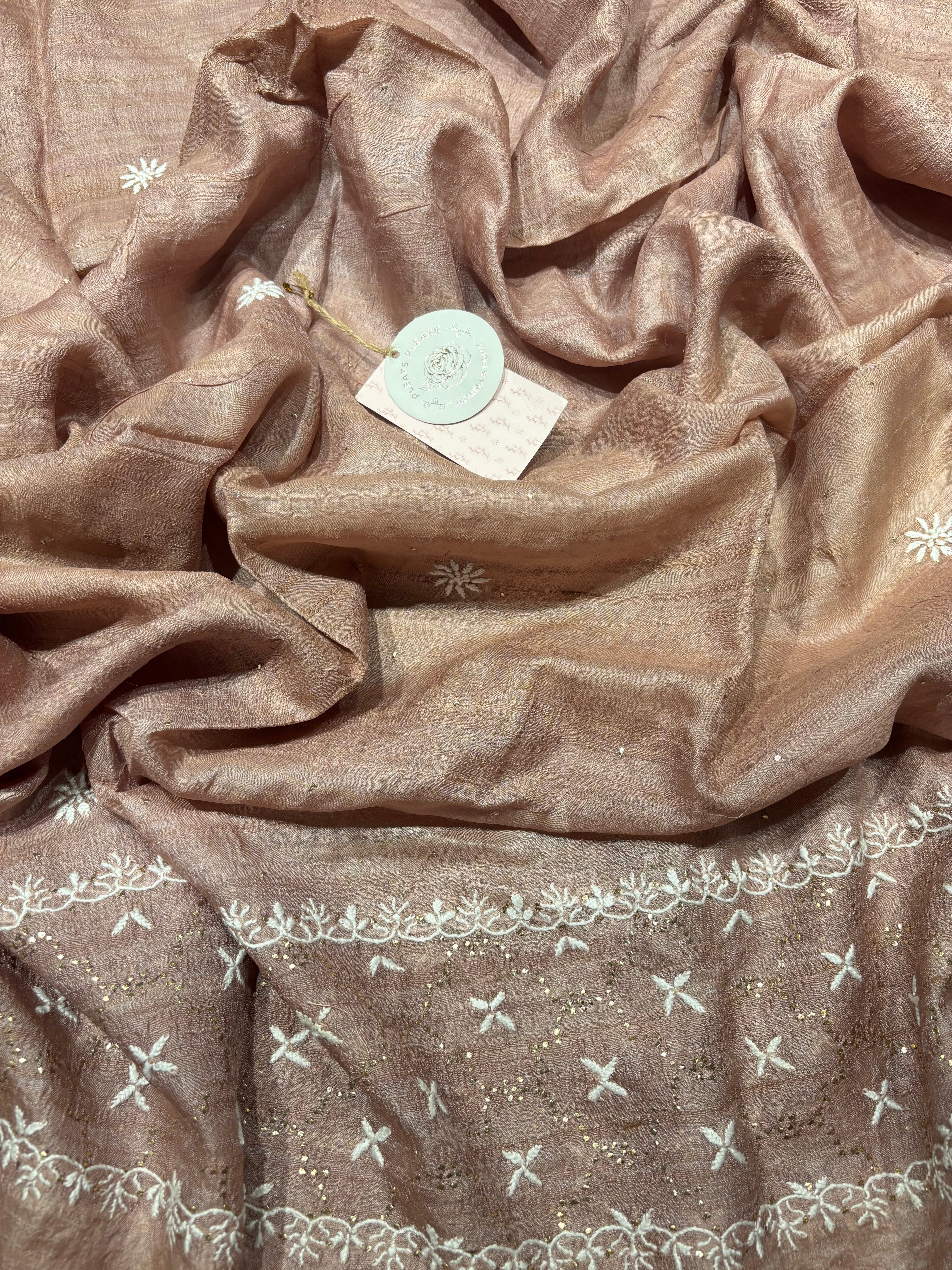 Rose Gold Tussar Silk Chikankari Anarkali and Dupatta Set