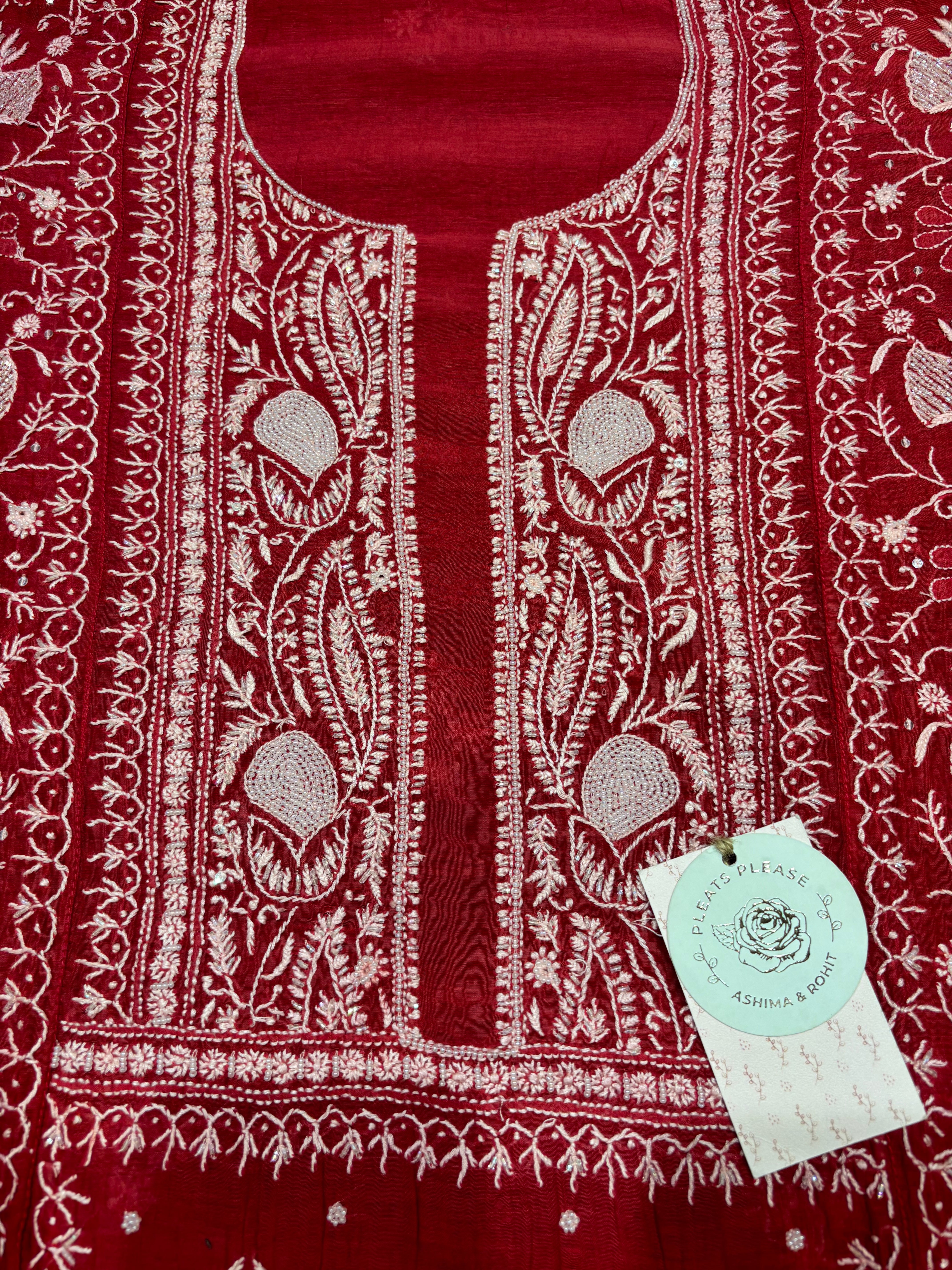 Red Chanderi Mul Chikankari Kurta & Dupatta Set