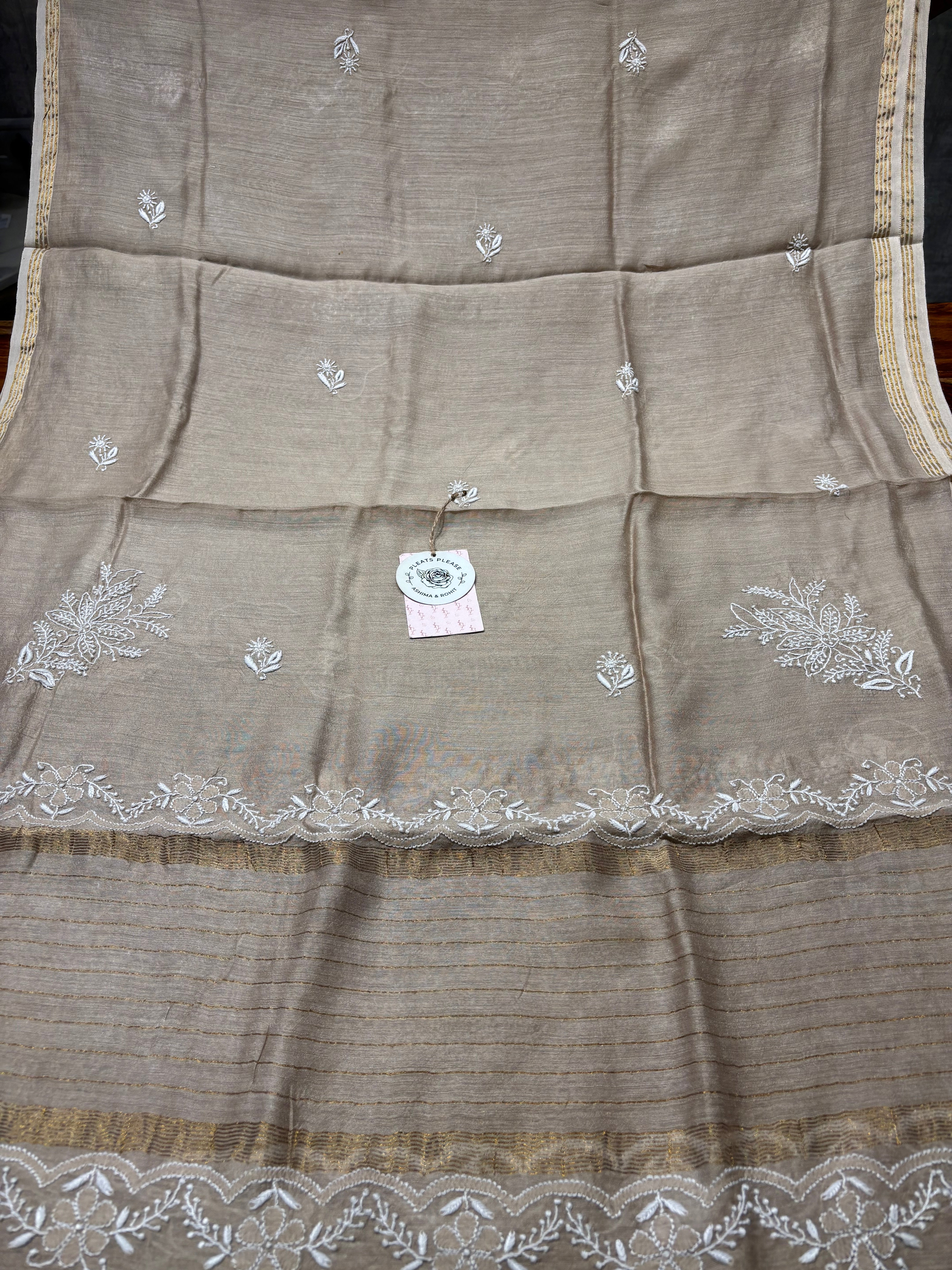 Champagne Beige Monga Silk Chikankari Kurta And Dupatta Fabric