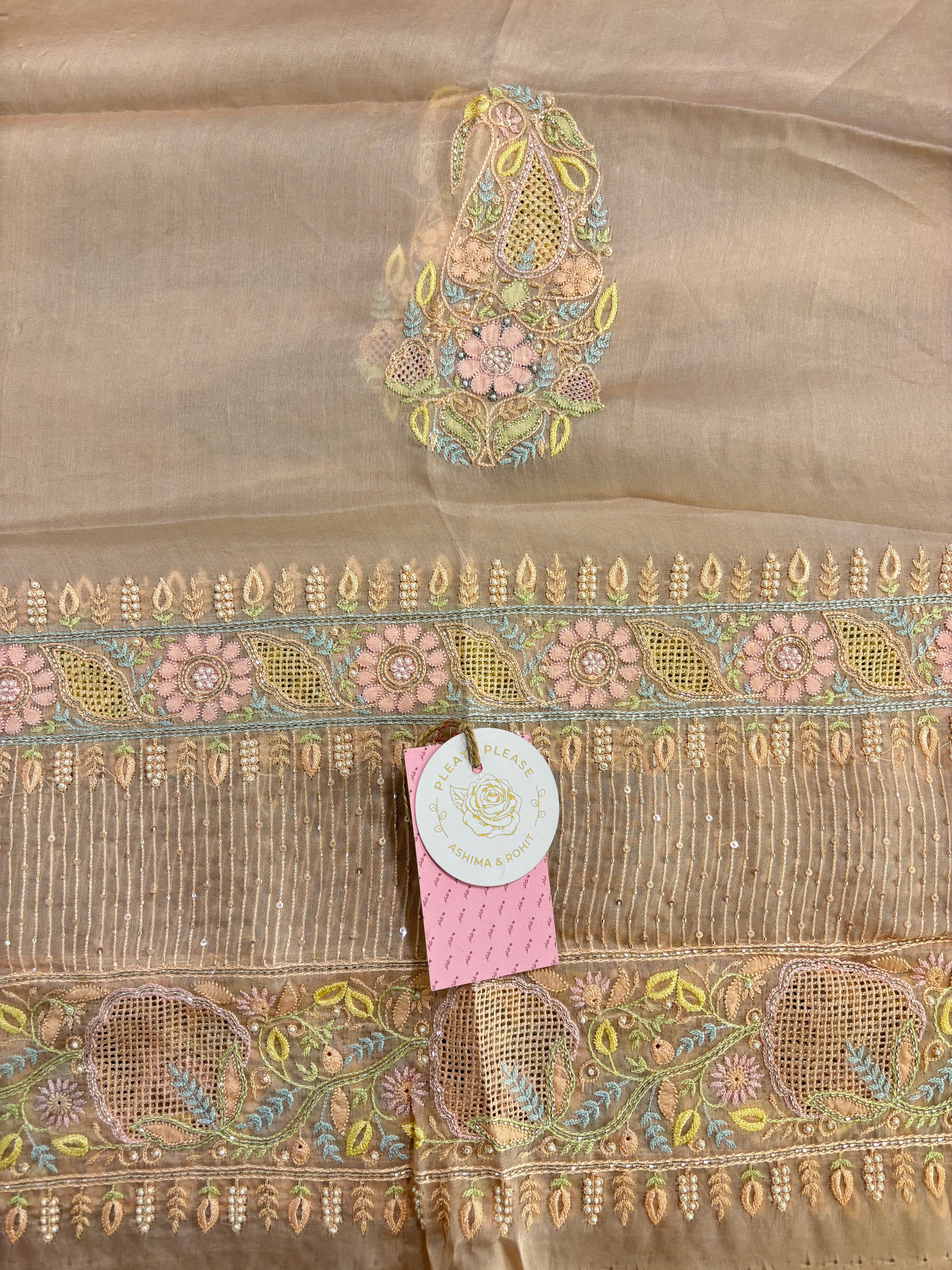 Pastel Peach Organza Mirror Chikankari Kurta & Dupatta