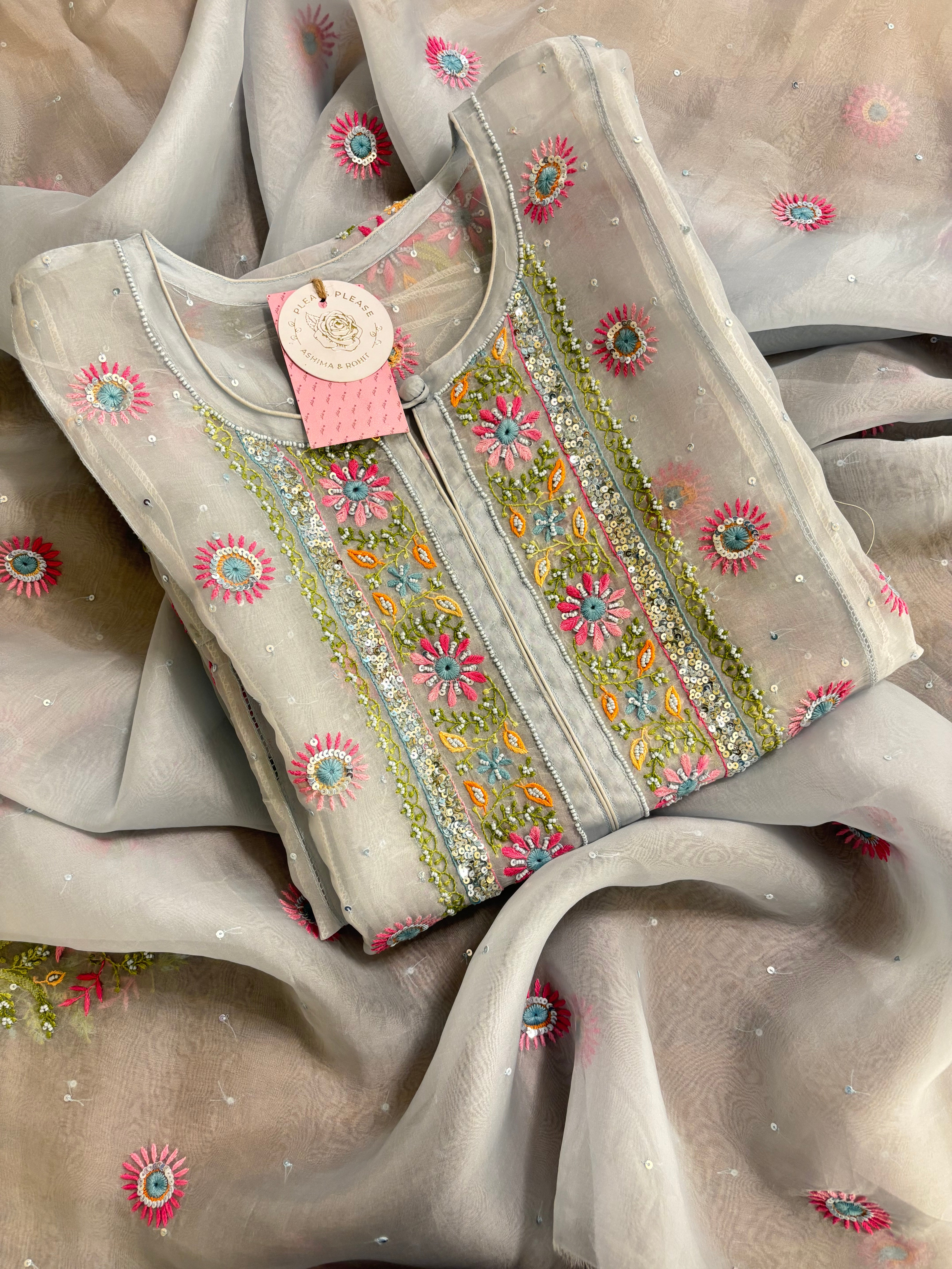 Pastel Blue Pure Organza Chikankari Kurta & Dupatta