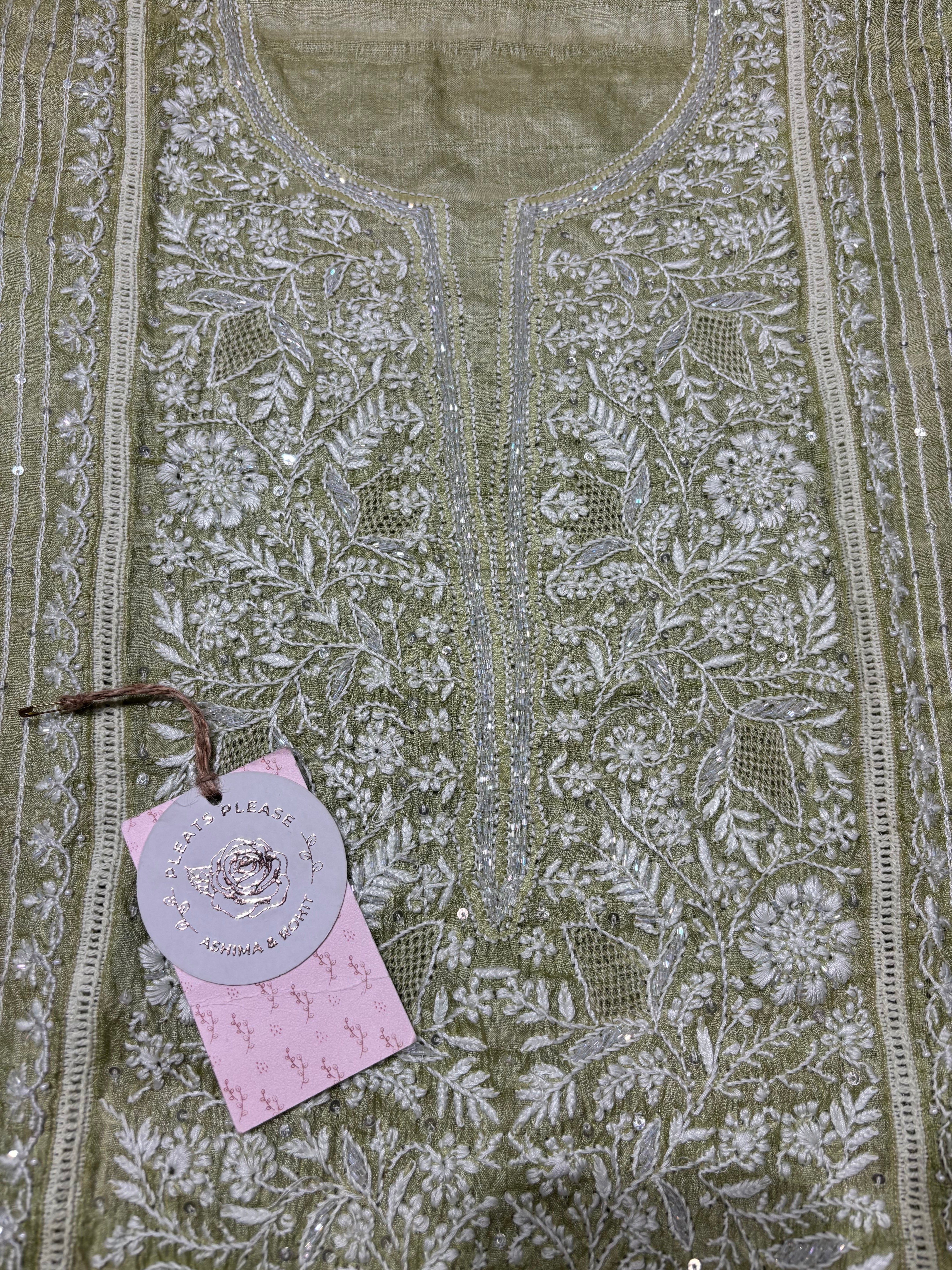 Sage Green Tussar Silk Chikankari Kurta And Dupatta Set
