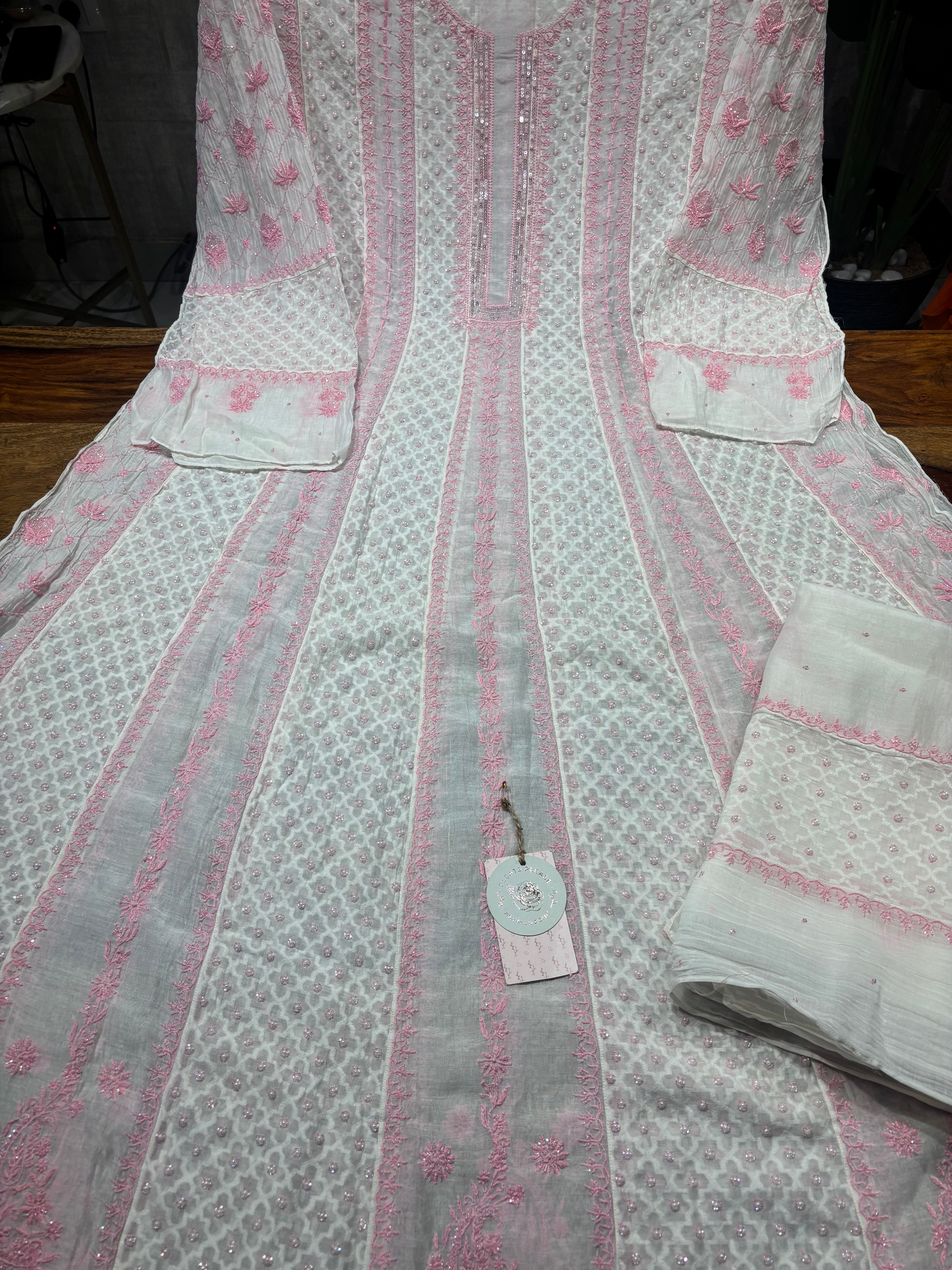 Dyeable Pure Chanderi Mul Chikankari Anarkali & Dupatta Set