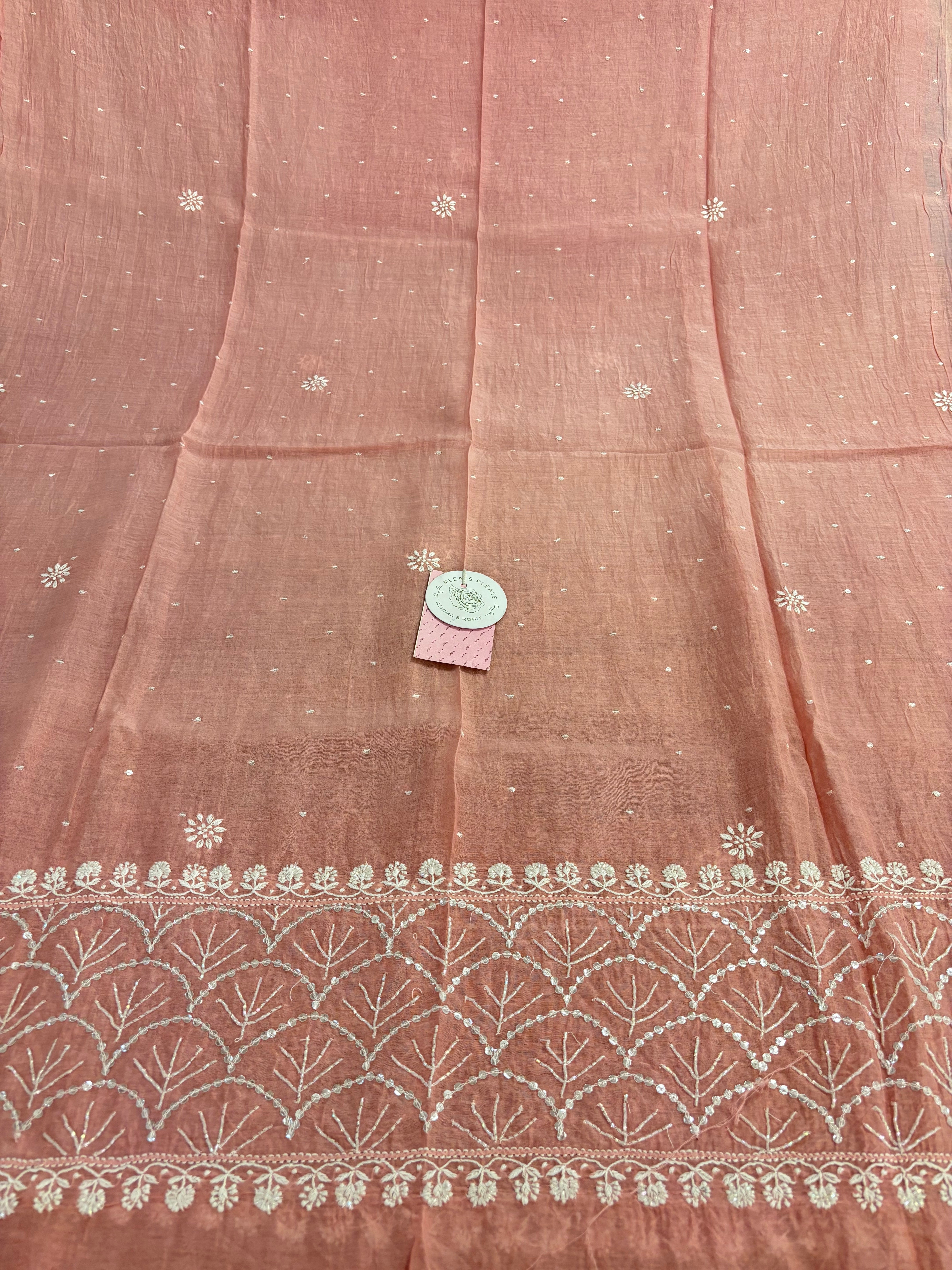 Coral Peach Chanderi Mul Chikankari Anarkali & Dupatta Set