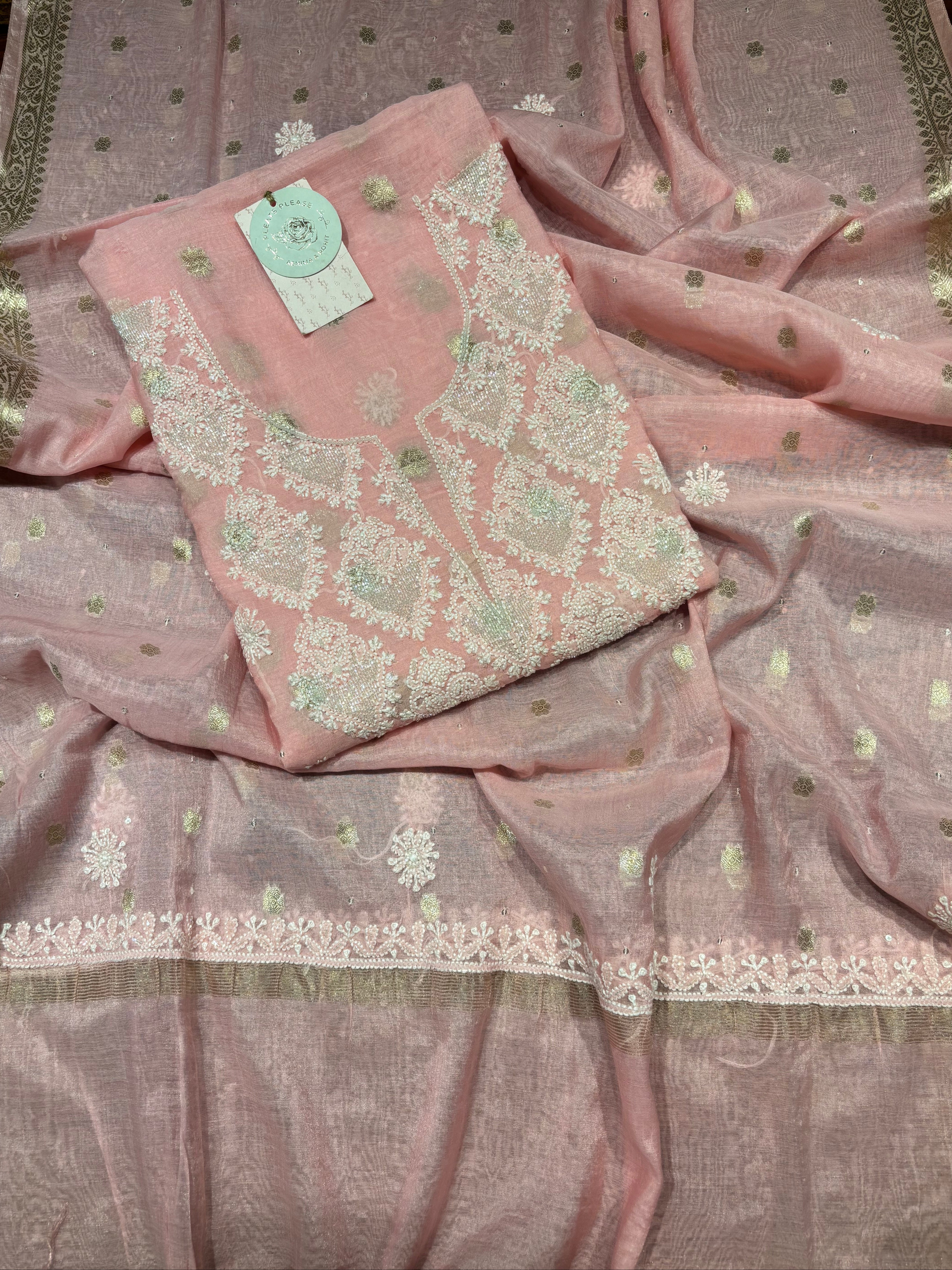 Pink Chanderi Silk Chikankari Kurta & Dupatta Fabric