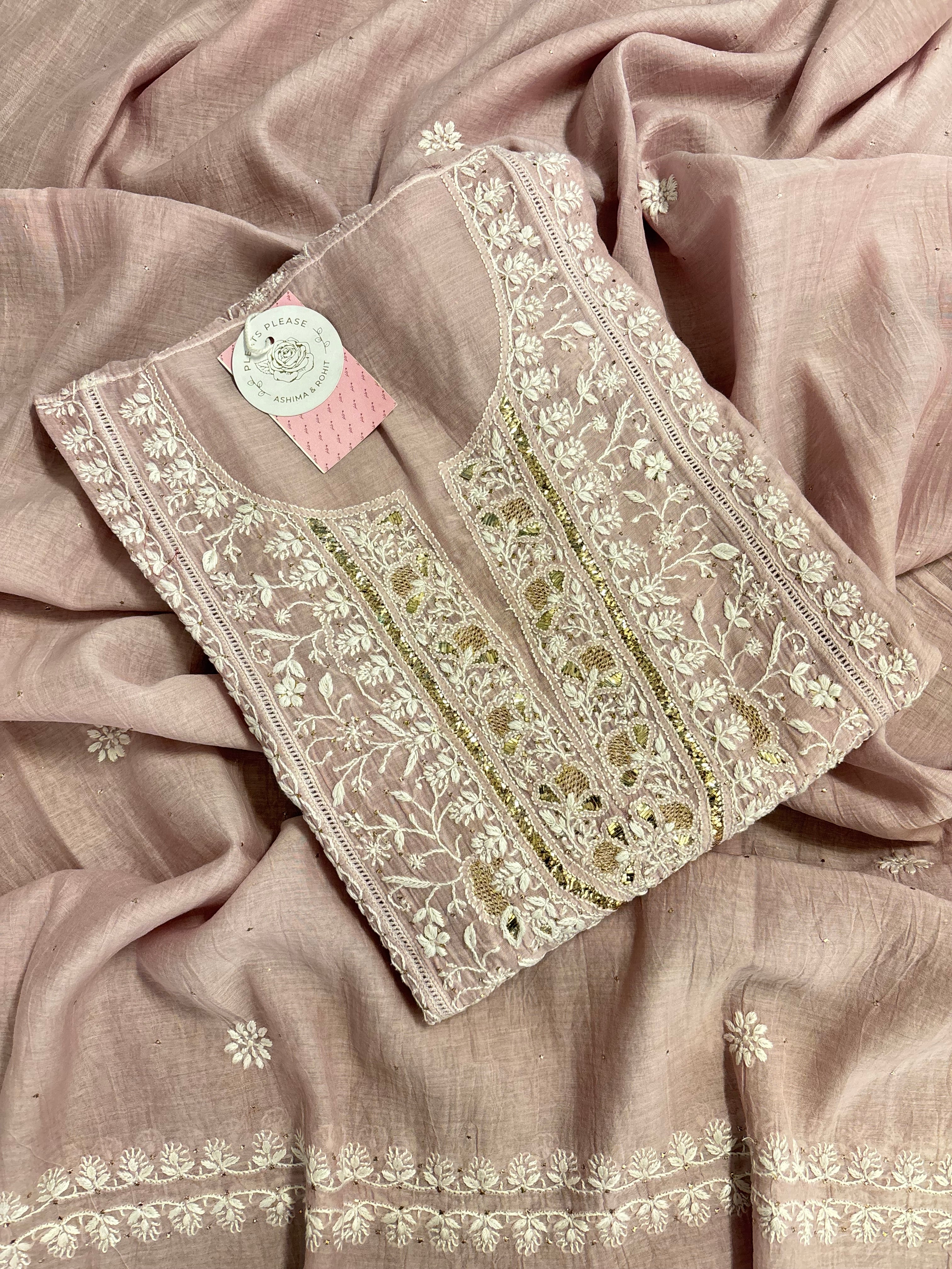 Rose Gold Chanderi Chikankari Mukaish Kurta & Dupatta