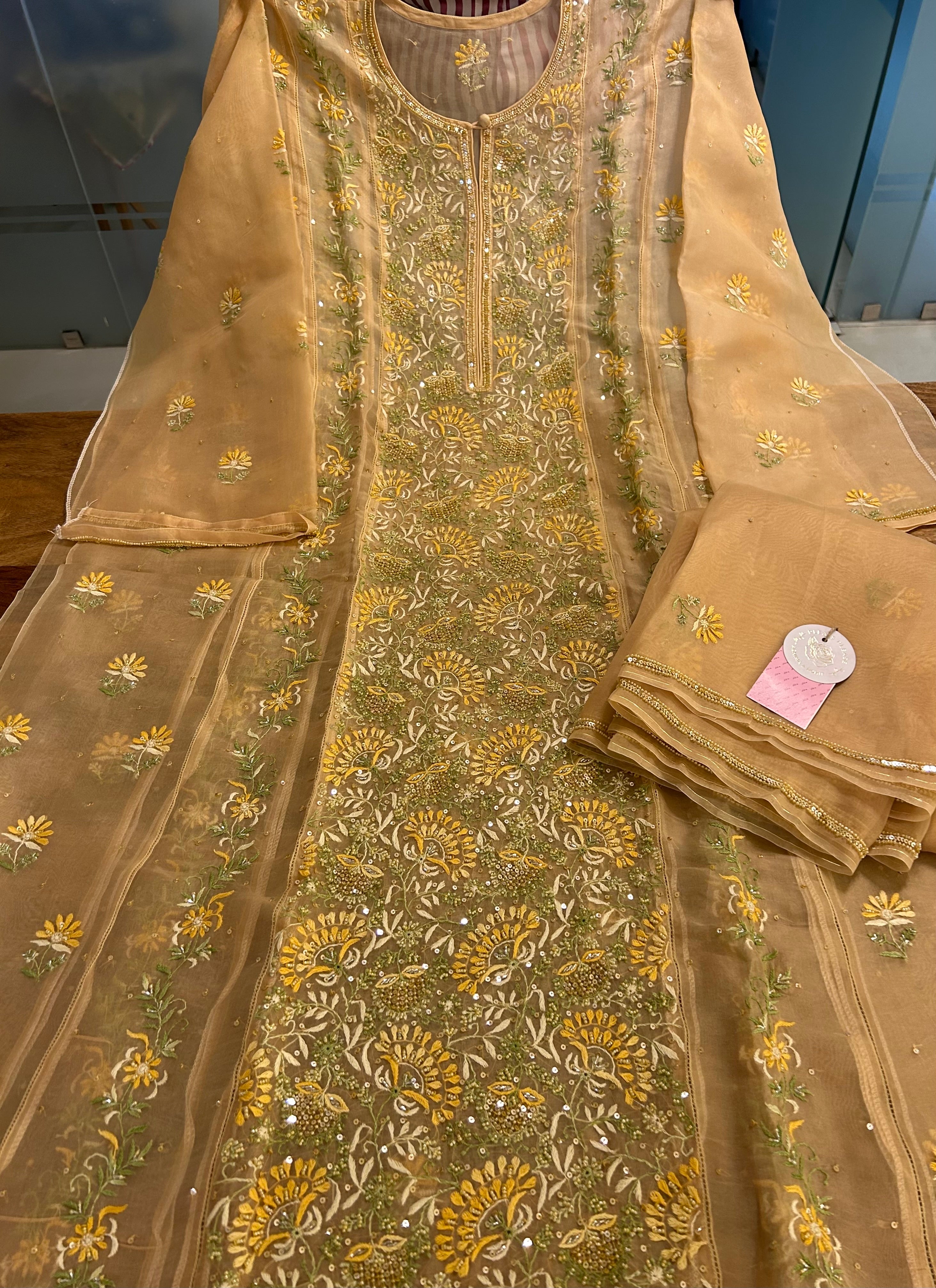 Golden Pure Organza Chikankari Kurta & Dupatta