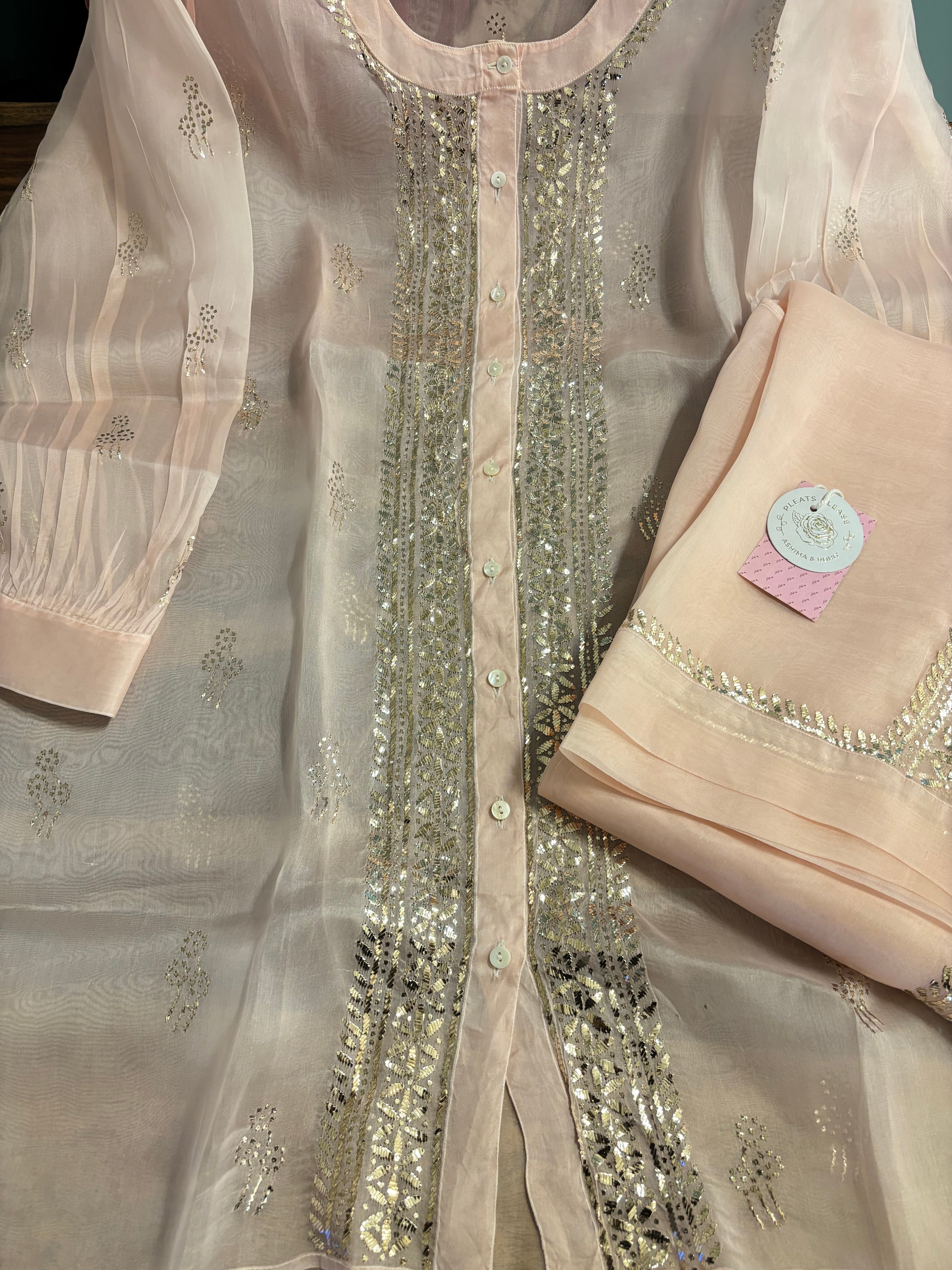 Pastel Pink Pure Organza Mukaish Co-Ord Set - Pleats PleaseChikankari
