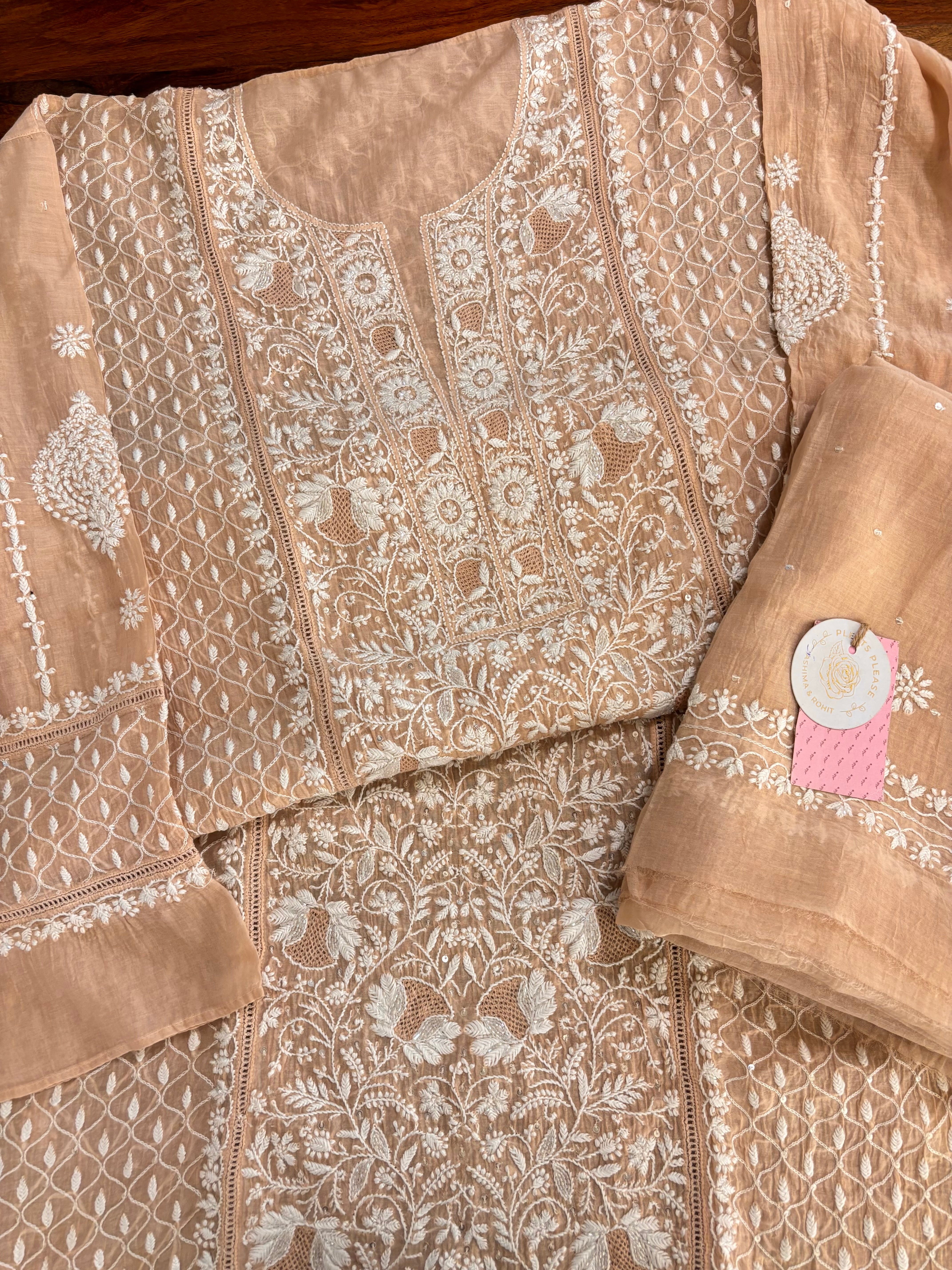 Peach Chanderi Chikankari Kurta & Dupatta