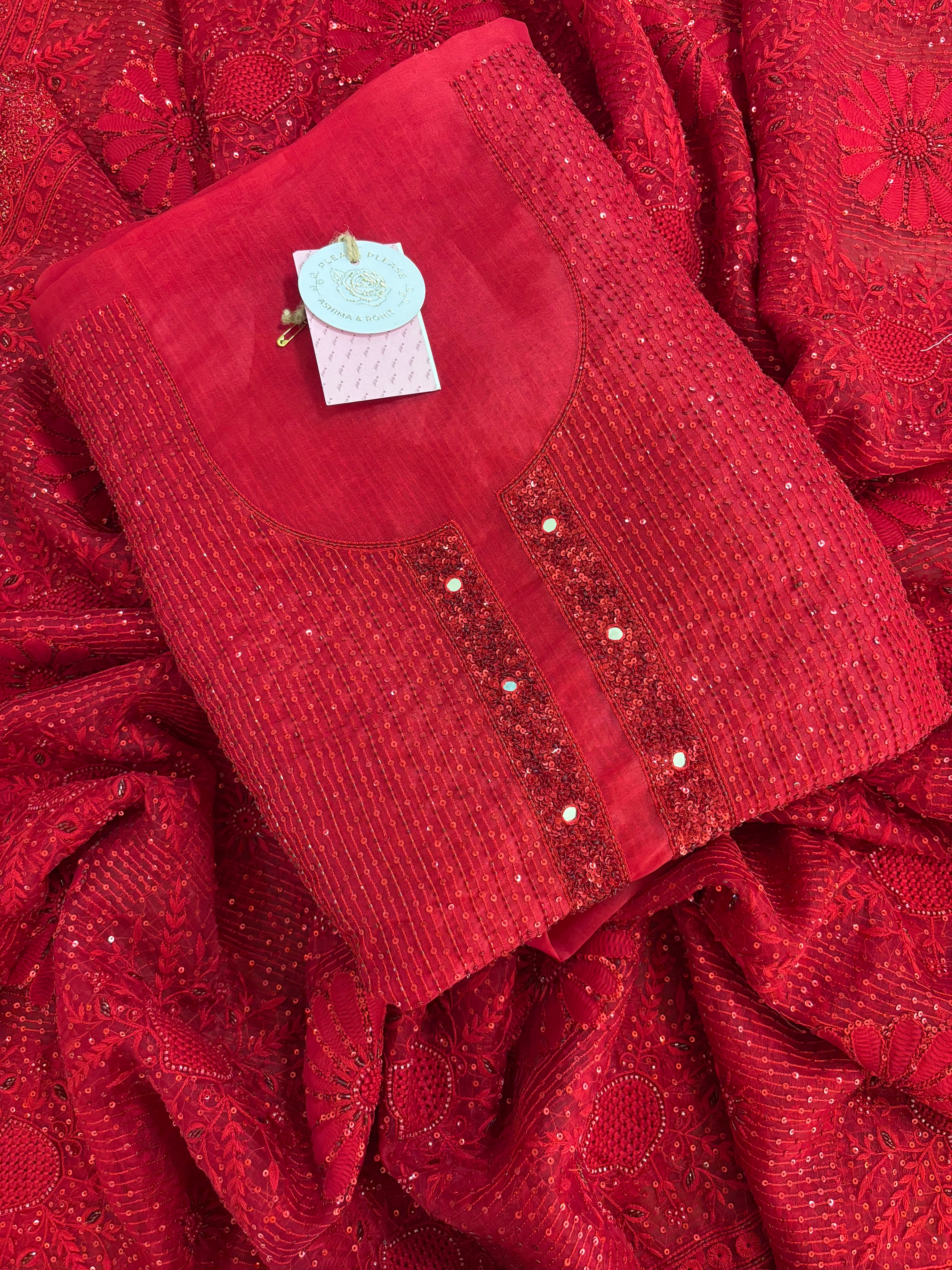 Red Pure & Premium Organza Chikankari Kurta & Dupatta