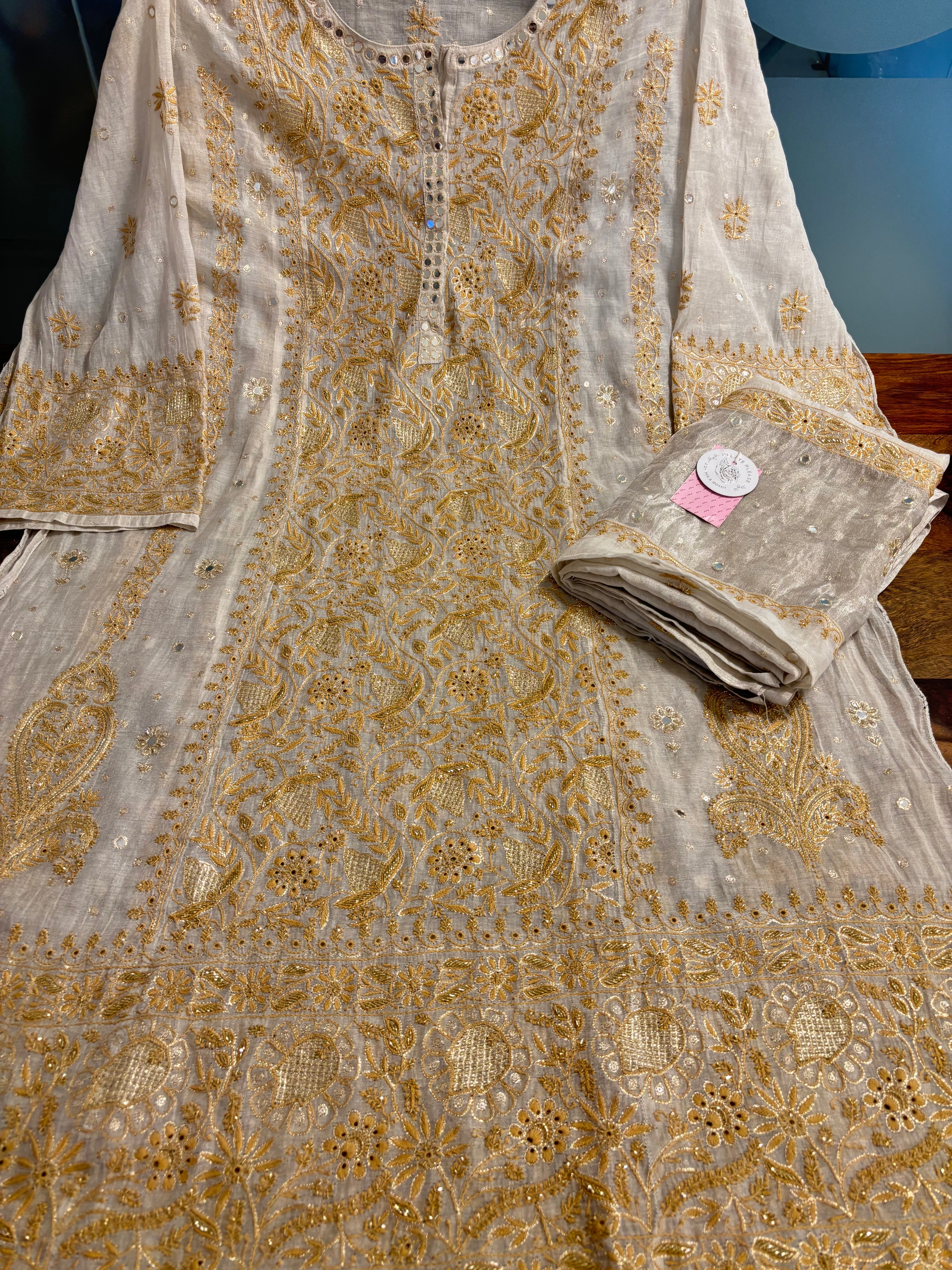 Dyeable Silver Tissue Mirror Neckline Chikankari Kurta & Dupatta - Pleats PleaseChikankari