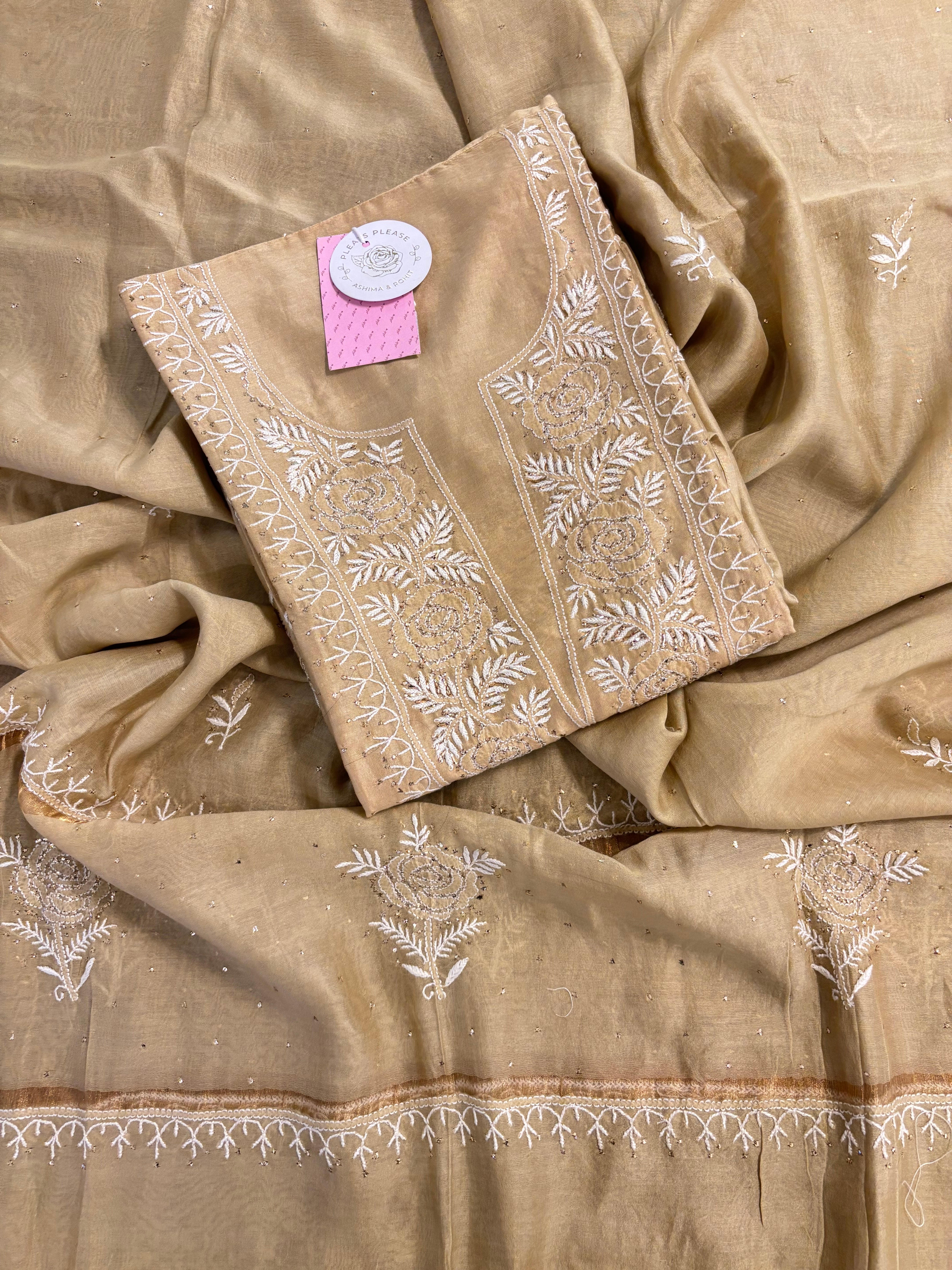 Honey Gold Chanderi Mukaish Chikankari Kurta & Dupatta