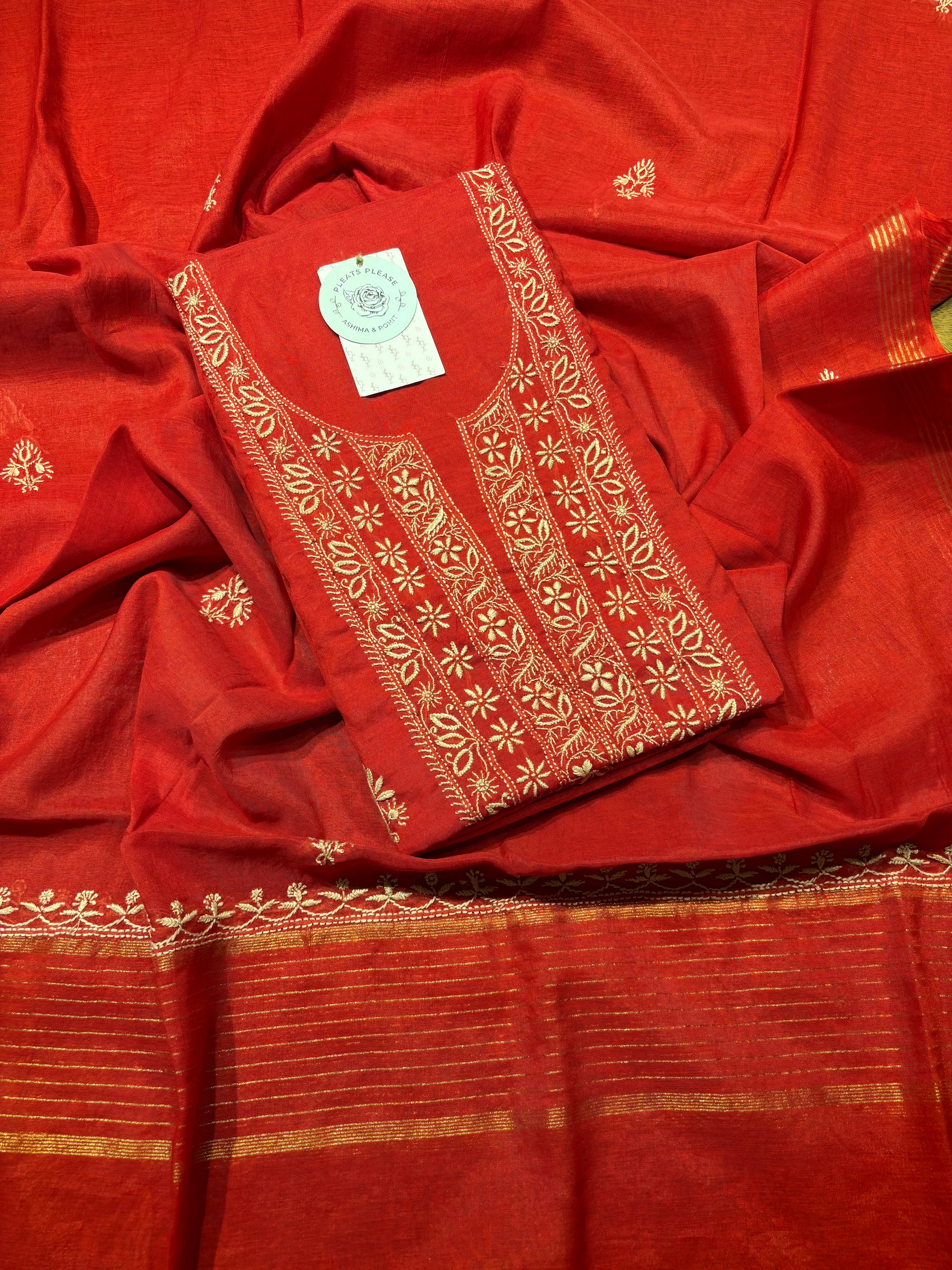 Red Chanderi Silk Chikankari Kurta And Dupatta Set