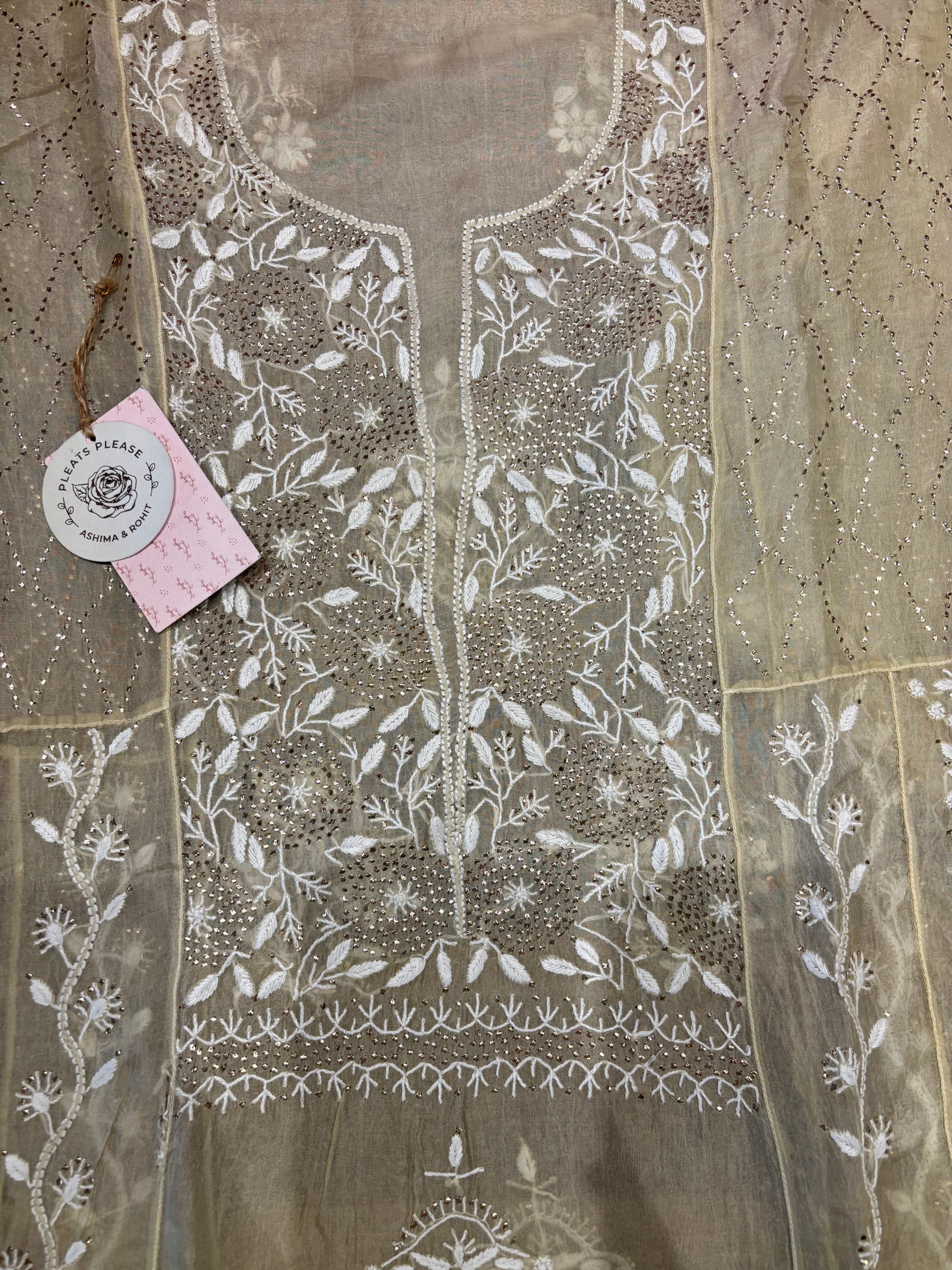 Golden Organza chikankari Anarkali and dupatta