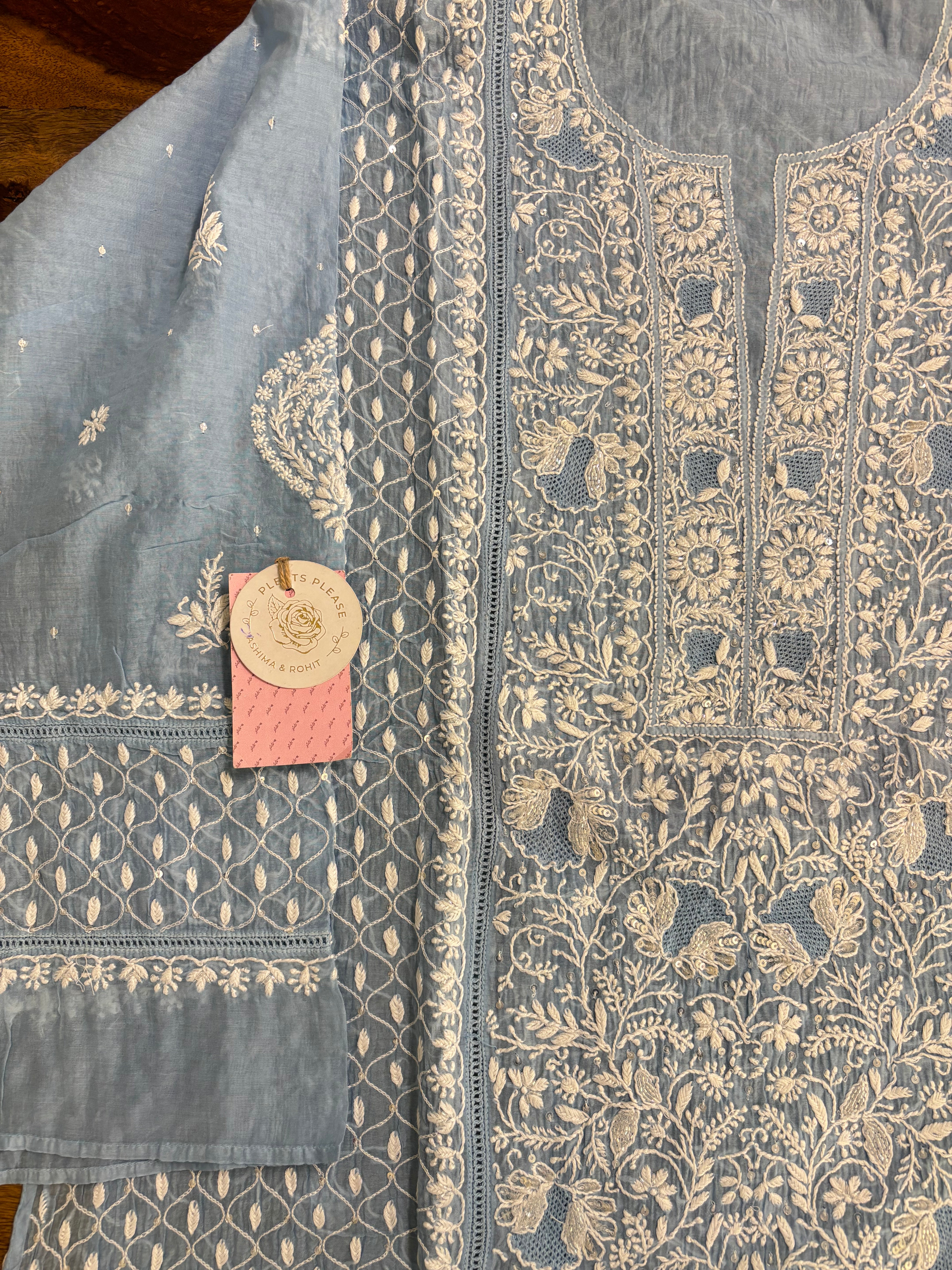 Powder Blue Chanderi Mul Chikankari Kurta  and Dupatta