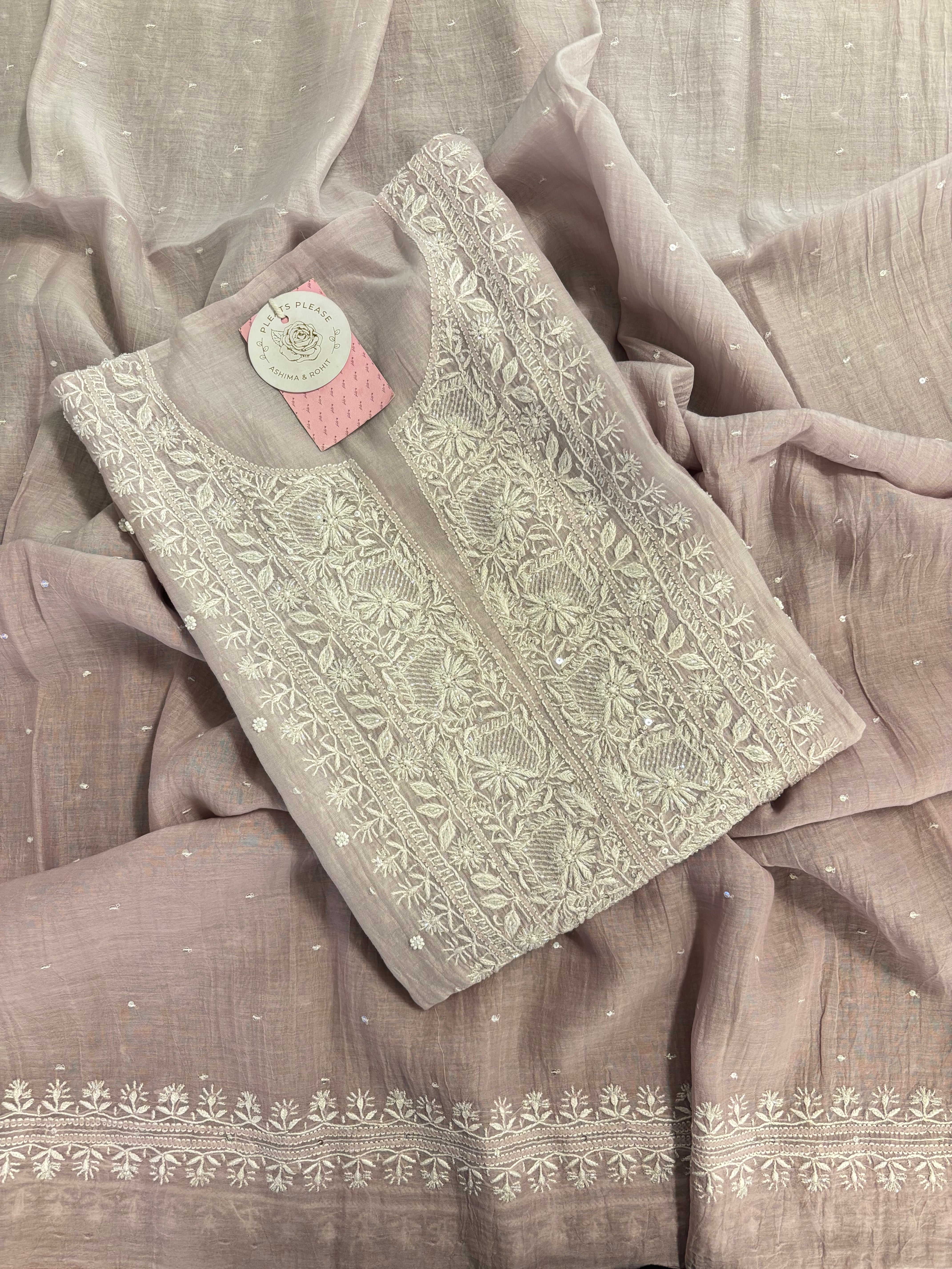 Dusky Lilac Pure Chanderi Ombre Chikankari Kurta & Dupatta Set