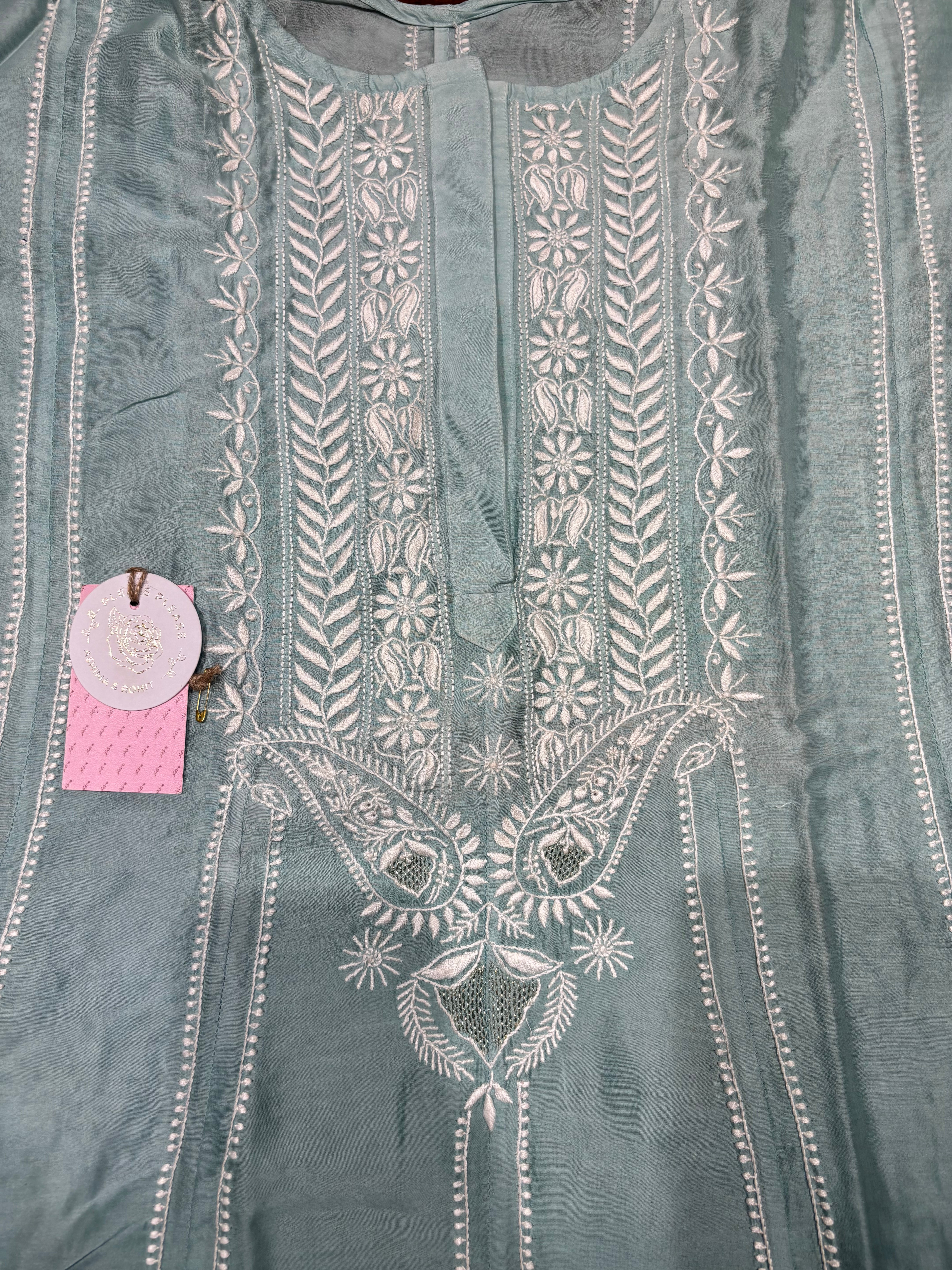 Aqua Blue Chanderi Silk Chikankari Anarkali & Dupatta Set
