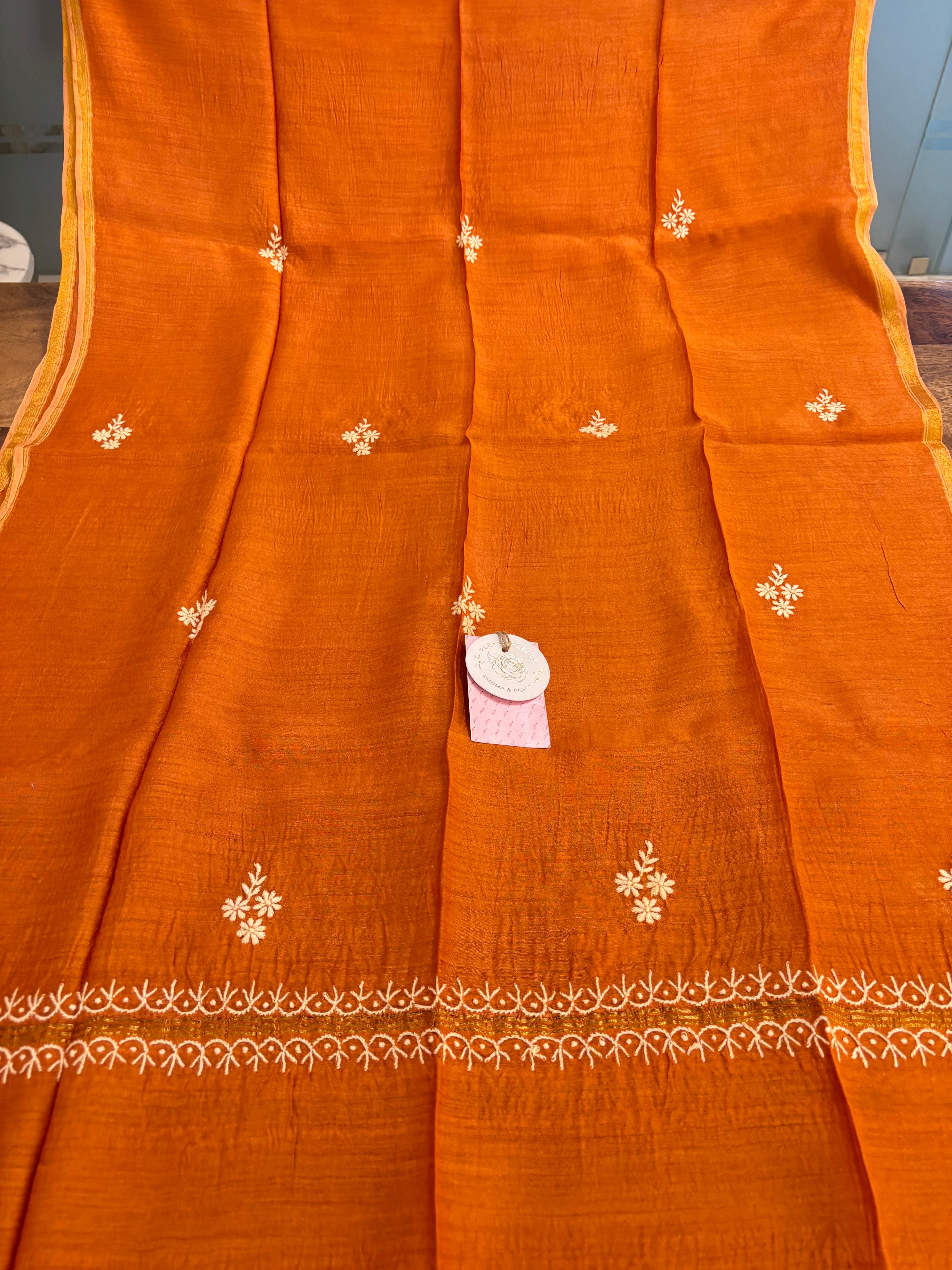 Burnt Orange Monga Silk Chikankari Kurta & Dupatta