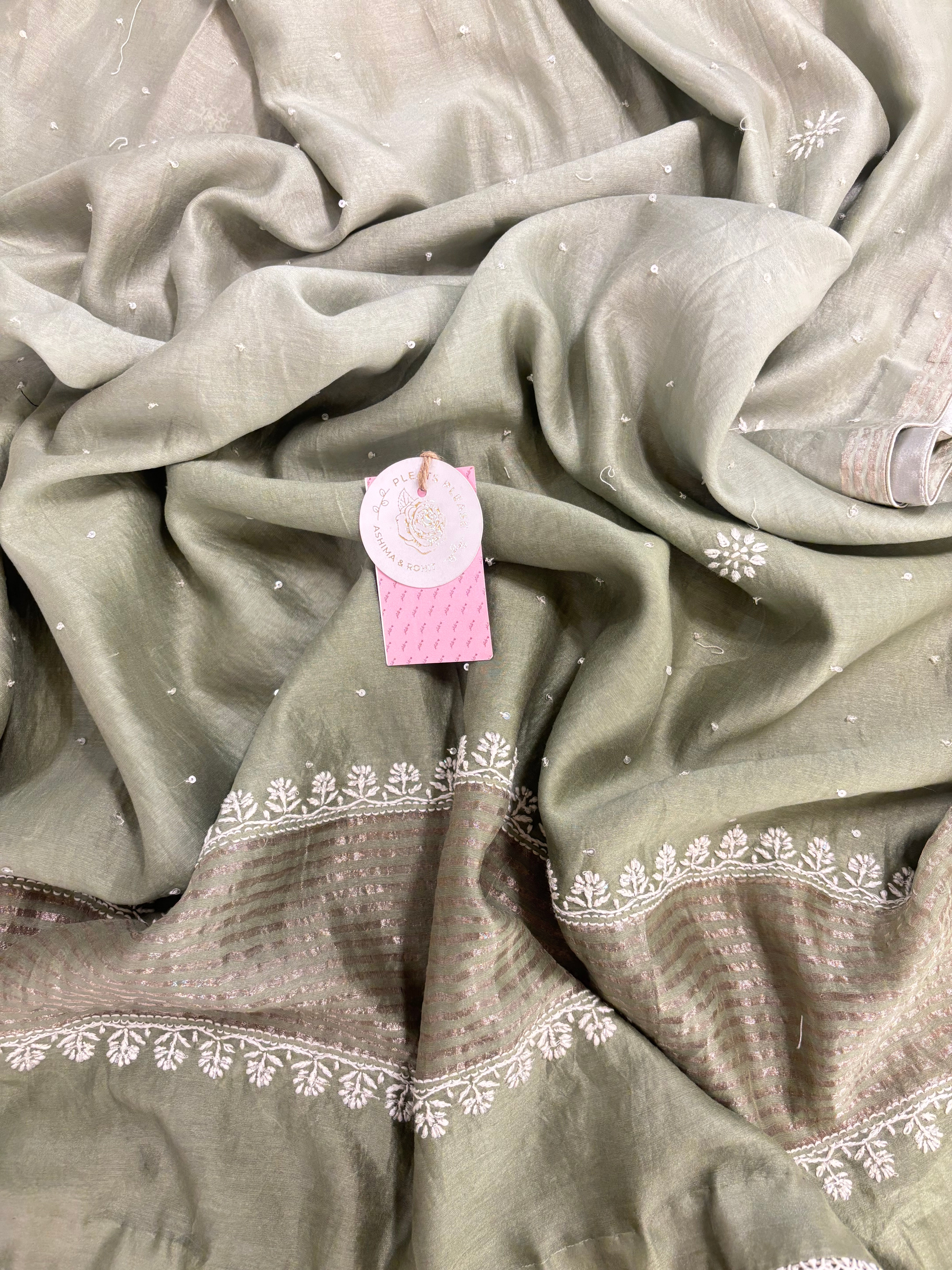 Olive Green Ombré Chanderi Chikankari Anarkali & Dupatta Set