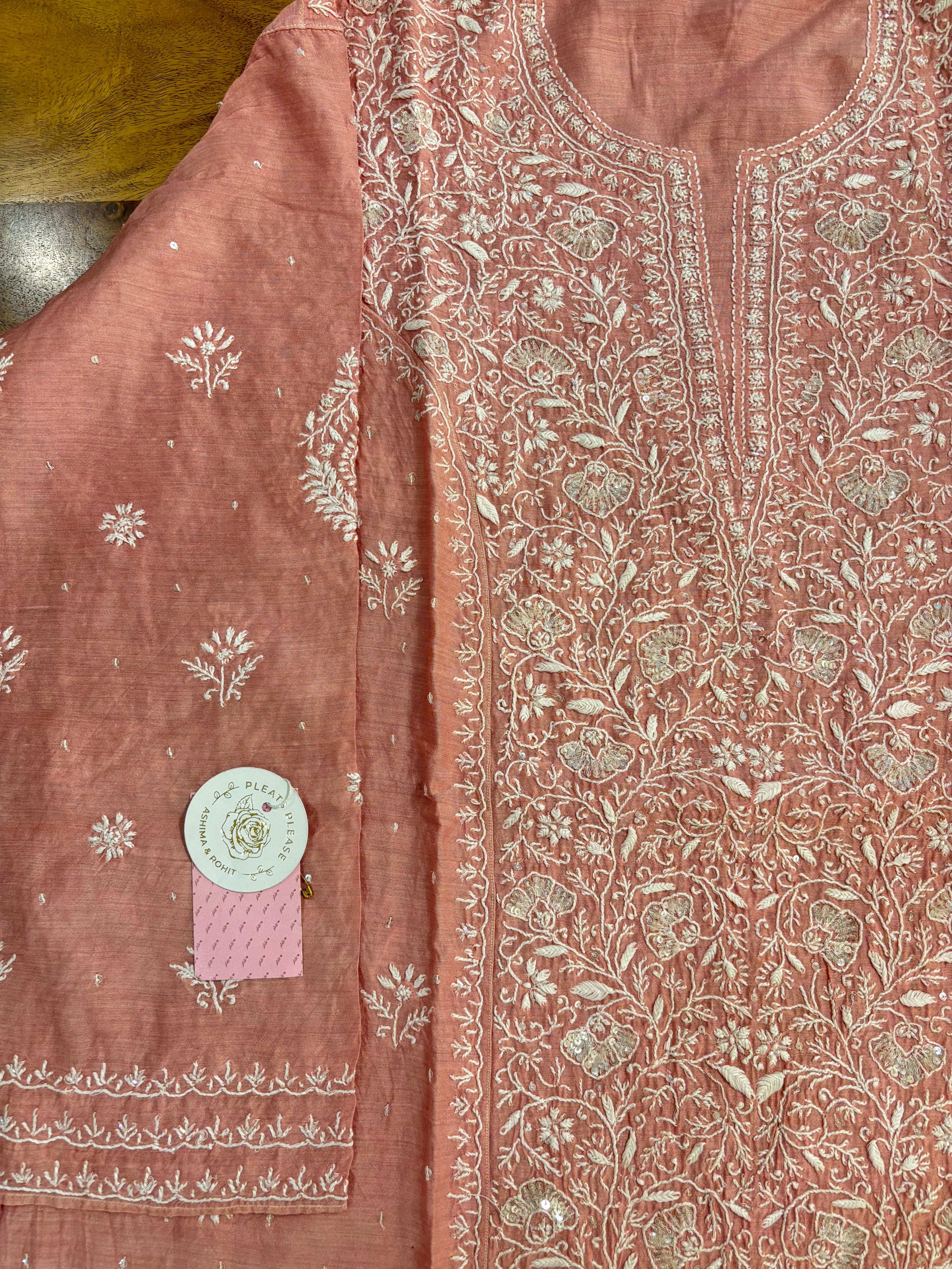 Baby Pink Monga Silk Chikankari Kurta & Dupatta