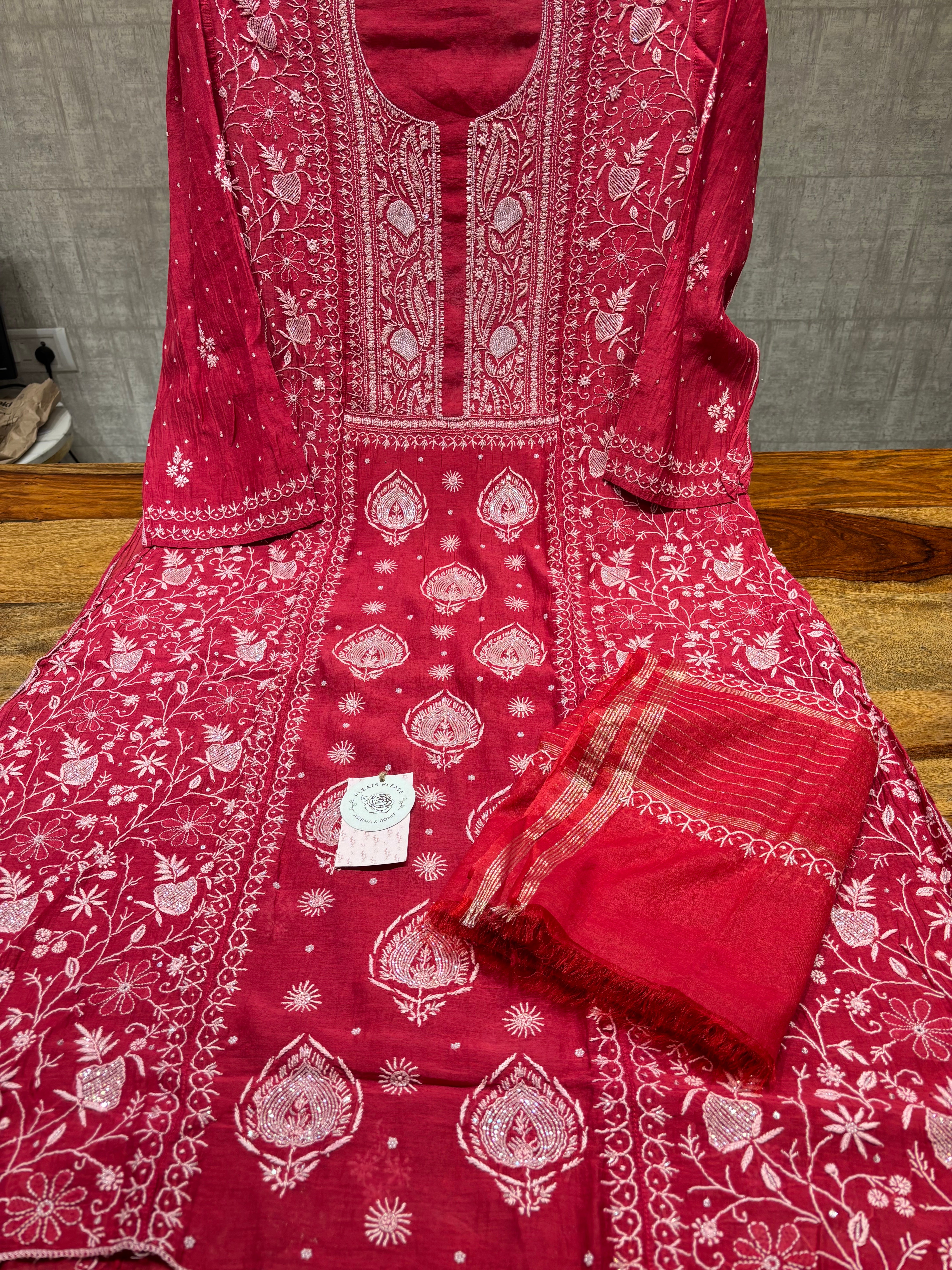 Red Chanderi Mul Chikankari Kurta & Dupatta Set