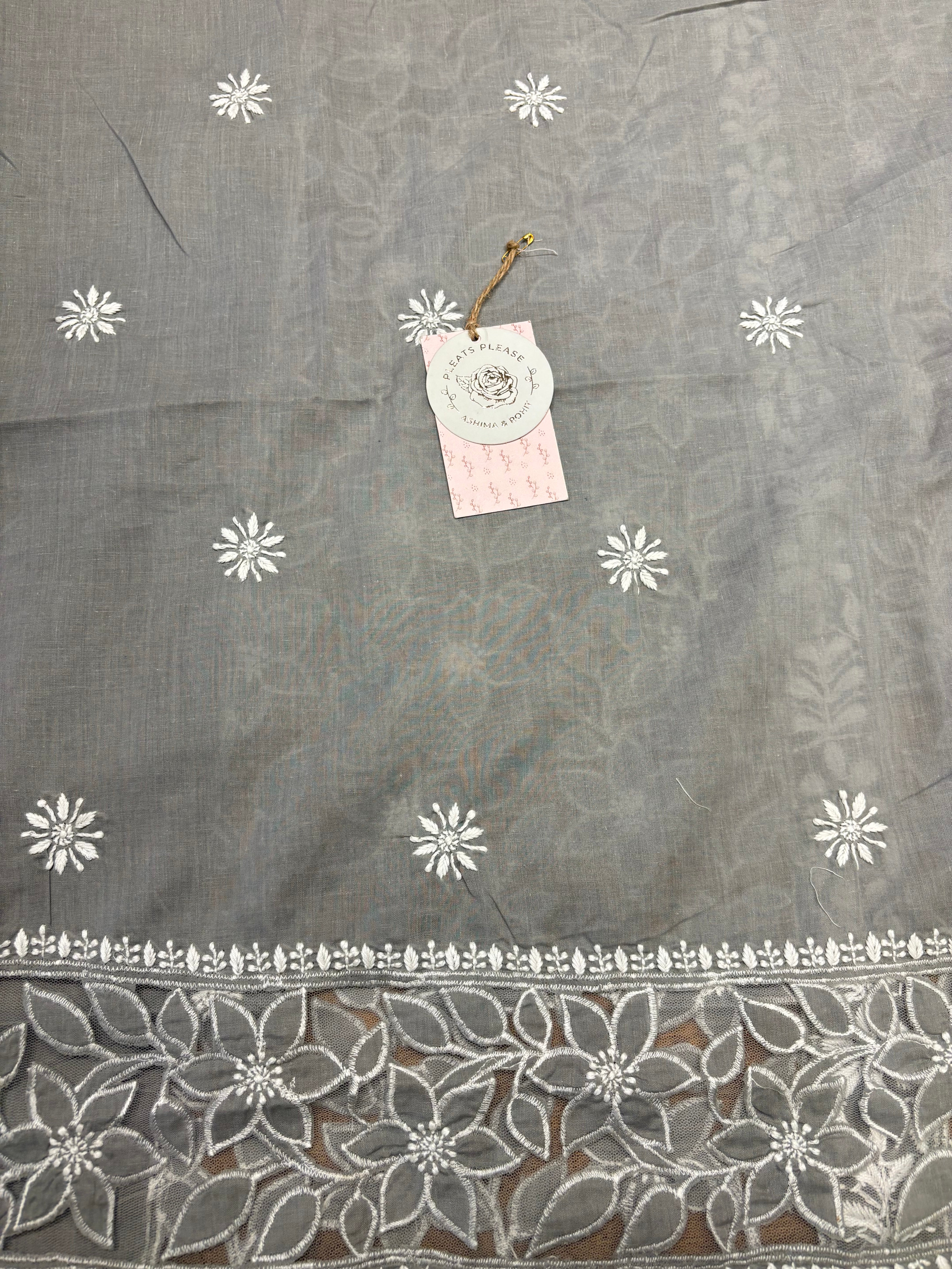 Gray Mul Soft Net Applique Chikankari Kurta and Dupatta Fabric